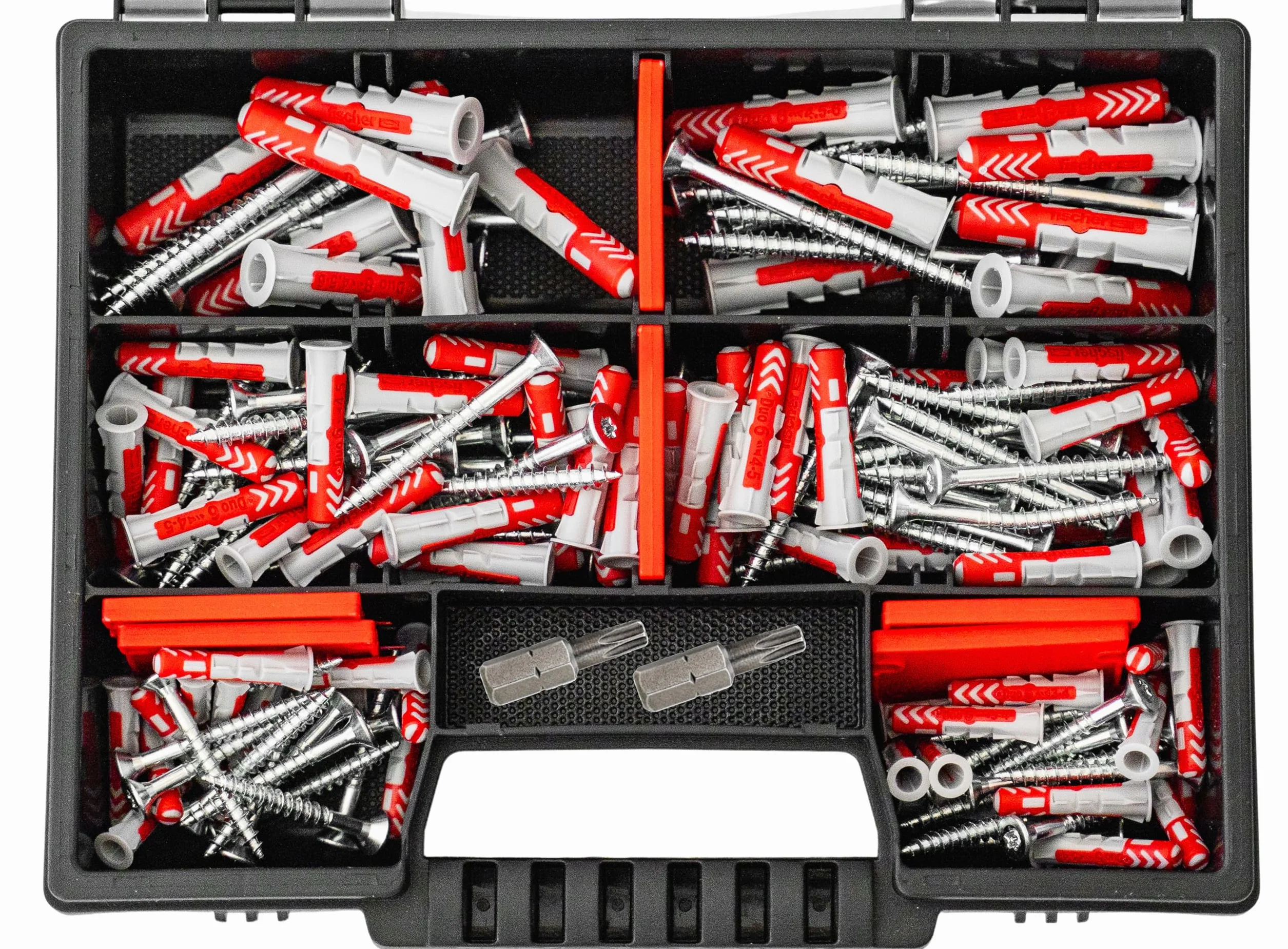 Fischer DuoPower Set de chevilles + vis avec embouts, assortiment de 162 pièces Chevilles de différentes tailles – 25 pièces 5 x 25 mm + 40 pièces 6 x 30 mm + 15 pièces 8 x 40 mm + vis chevilles
