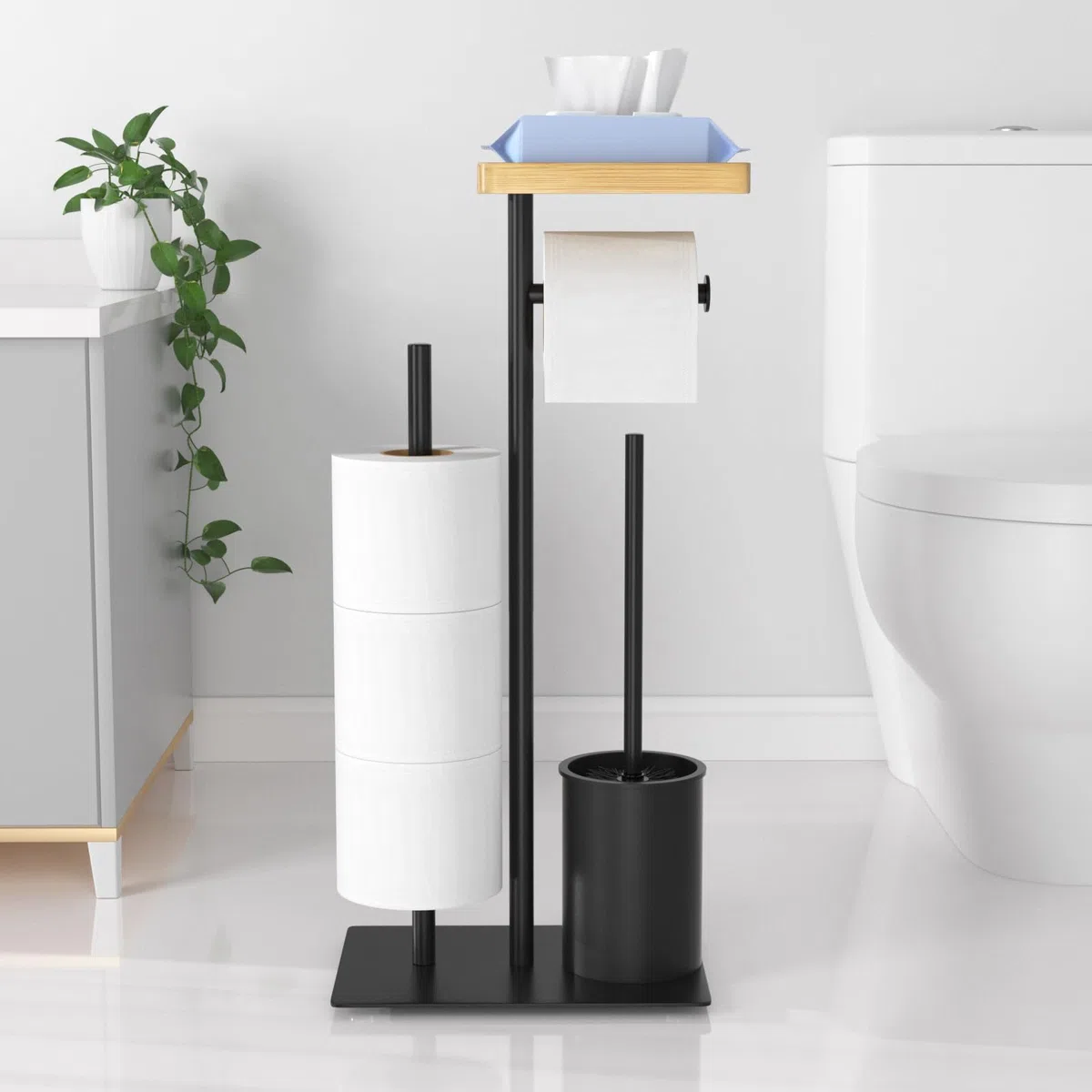 Porte Papier Toilette avec Brosse WC, Porte Rouleau Papier Toilette Debout en Acier Inoxydable avec Boîte à Lingettes Humides, Brosse WC et Dérouleur Papier Aucun Perçage Requis (Noir Mat)