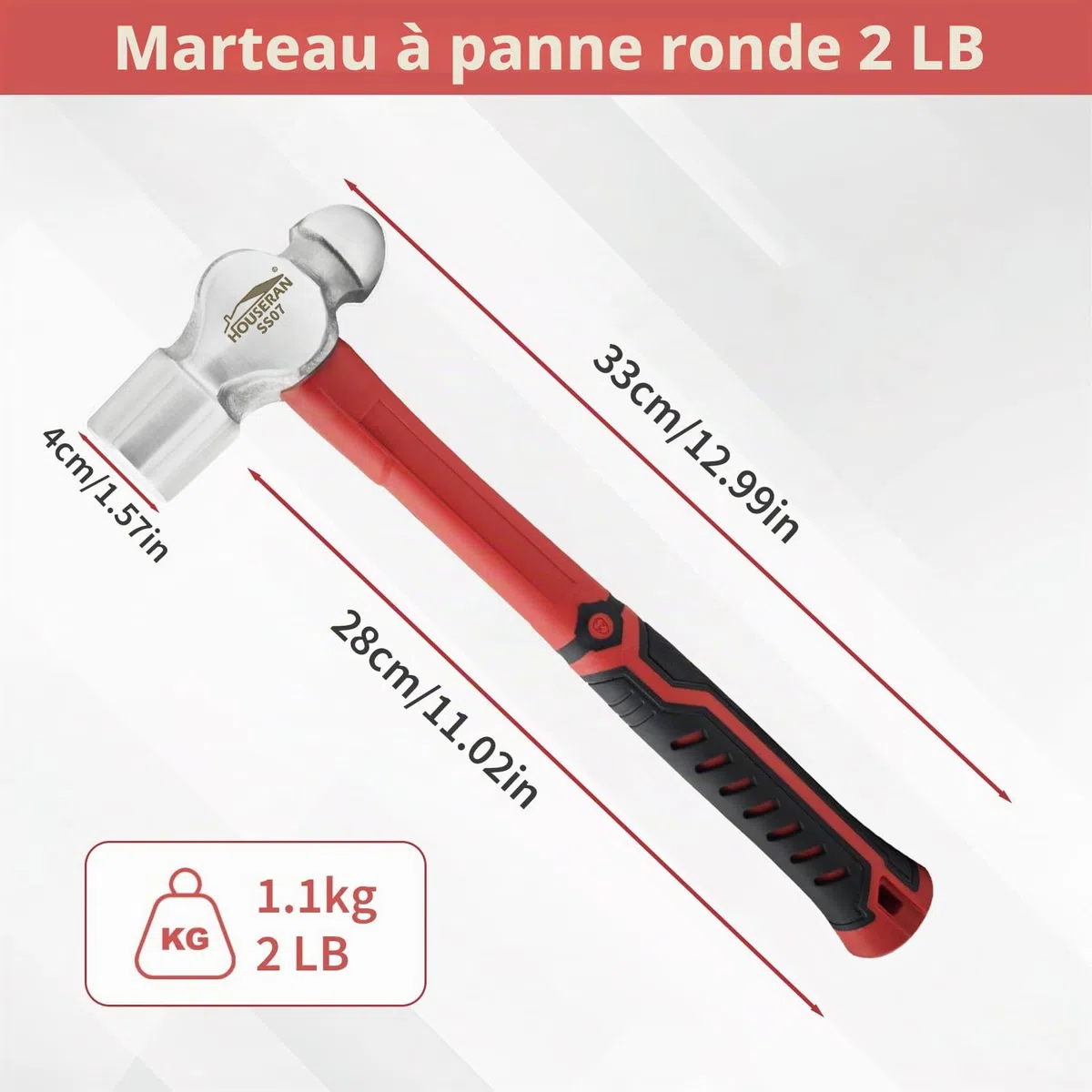 Marteau de Forgeron à Panne Ronde 1100 g Acier Carbone Forgé | Tête à panne ronde en acier au carbone, manche 33 cm antidérapant. Pour le travail du métal et la réparation de charpente.