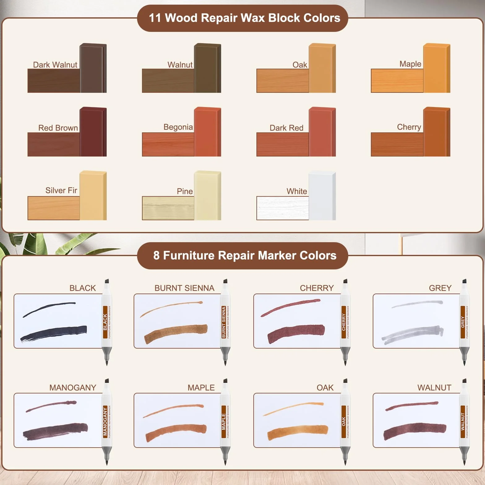 Kit Réparation Laminé, Parquet Vinyle, Mastic Bois, Outil Fusion Amélioré, 11 Couleurs Cire Dure, 8 Marqueurs Double Pointe. Répare Rayures, Fissures, Trous, Bosses Sur Meubles, Sols, Plans De Travail