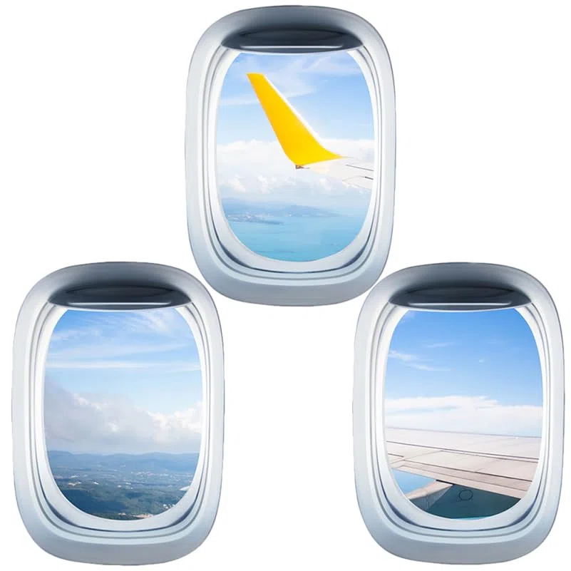 CLISPEED Lot de 3 feuilles d'autocollants muraux amovibles pour fenêtre d'avion - Matériau pour la maison, le bureau, la décoration murale d'avion pour chambre à coucher, salon