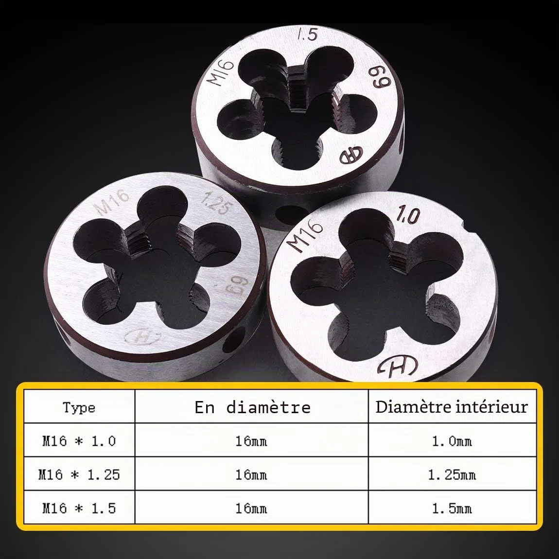 ATOPLEE Filières métriques， 3 pcs HSS Filetage métrique Die M16 x 1 mm M16 x 1.25 mm M16 x 1.5 mm