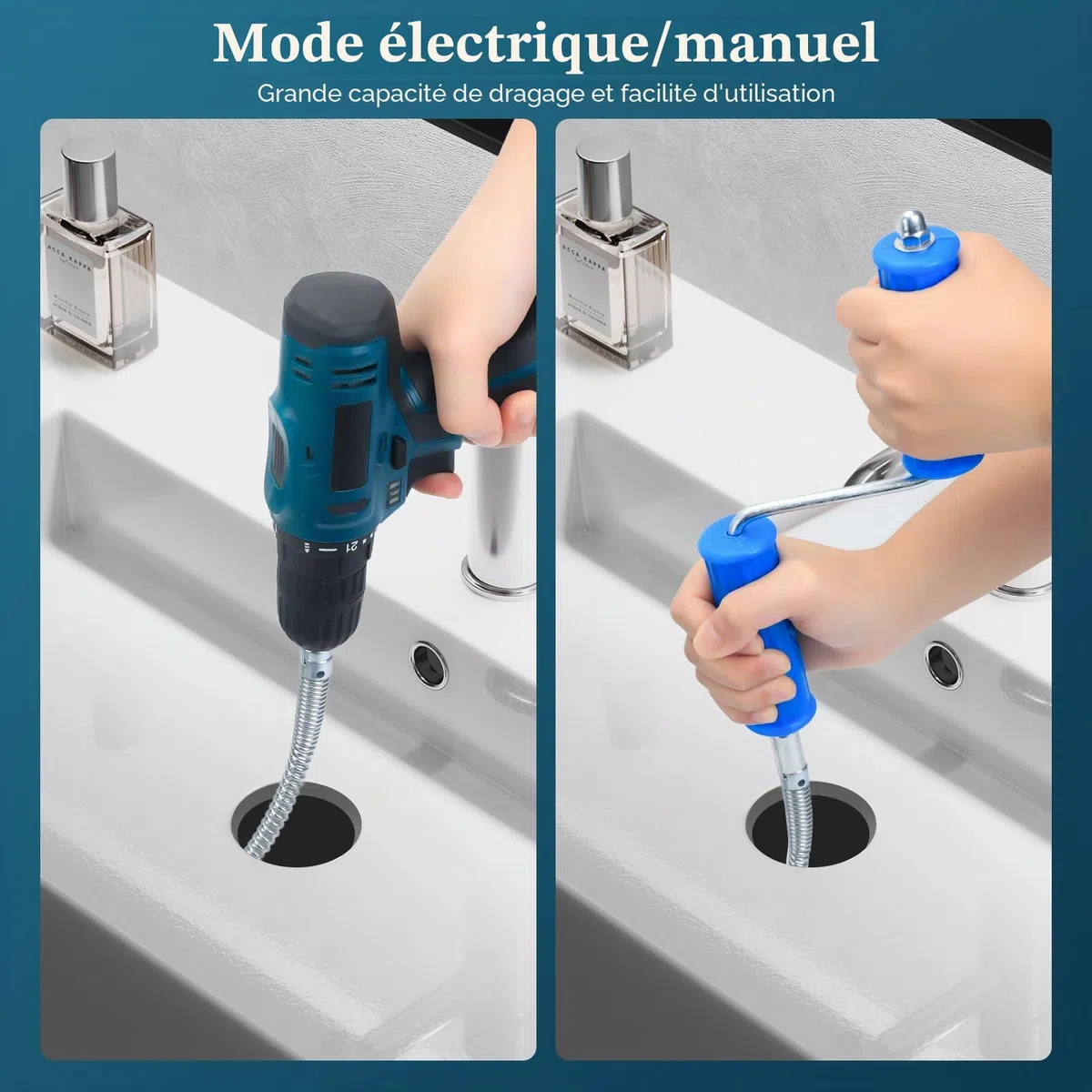 Furet Déboucheur Canalisation Kit avec 6 Têtes Industrielles | 5M Longueur, 12mm Diamètre avec Adaptateur Manuel & Électrique pour Débouchage Intensif et Nettoyage de Tuyauterie