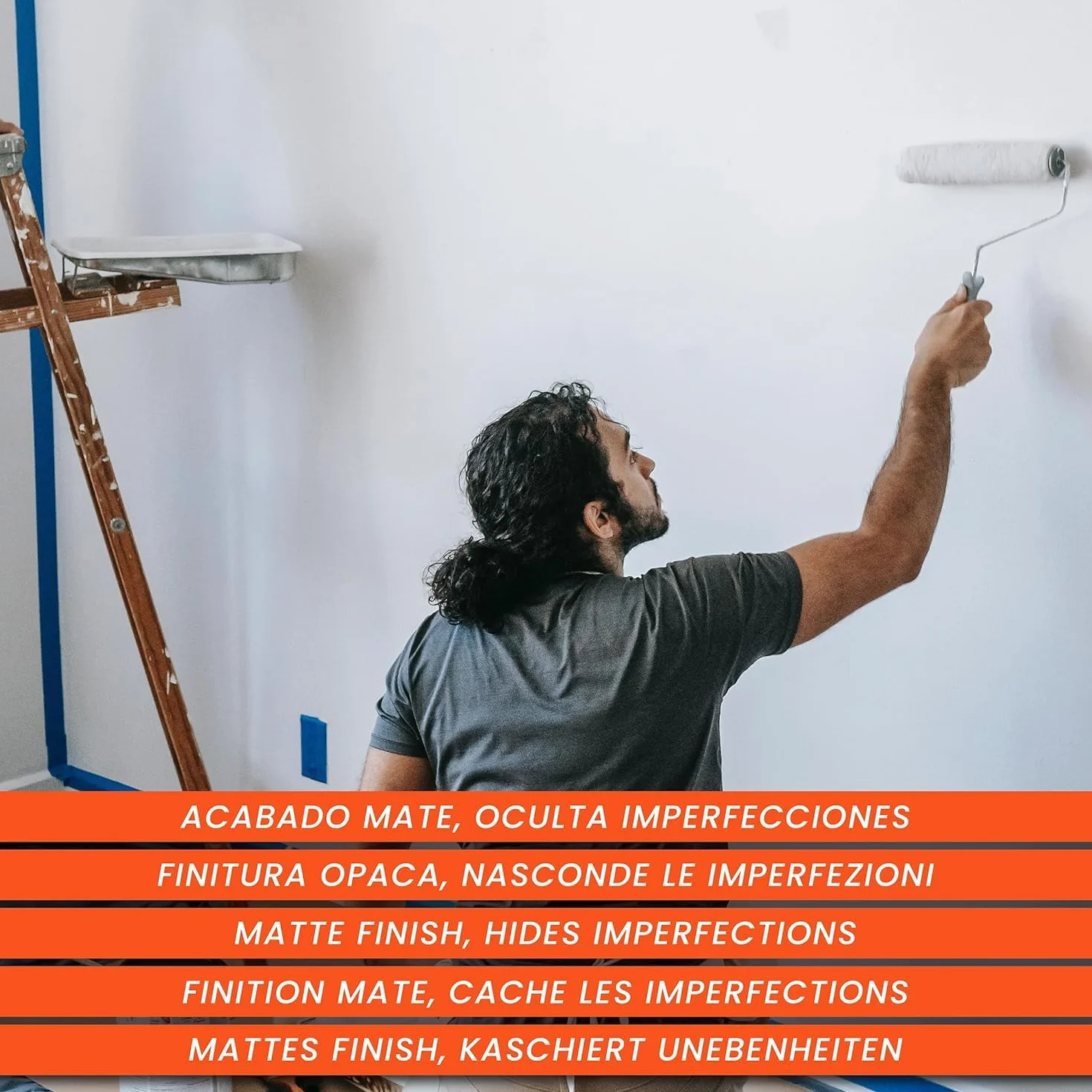 PECTRO Set Peinture blanche mur et plafond 6,6kg (4L) Kit avec rouleau, pinceau, grille et ruban | Interieur Exterieur Enterrés - Acrylique et lessivable au fort pouvoir couvrant - Emballages recyclé