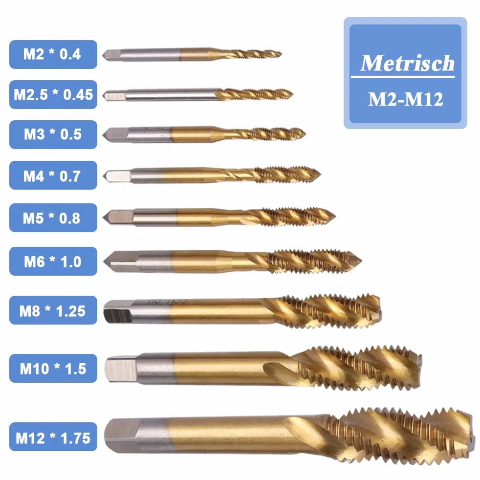 Mesee Lot de 9 tarauds hélicoïdaux HSS revêtus de titane - Pour machine à filetage métrique - M2 M2.5 M3 M4 M5 M6 M8 M10 M12