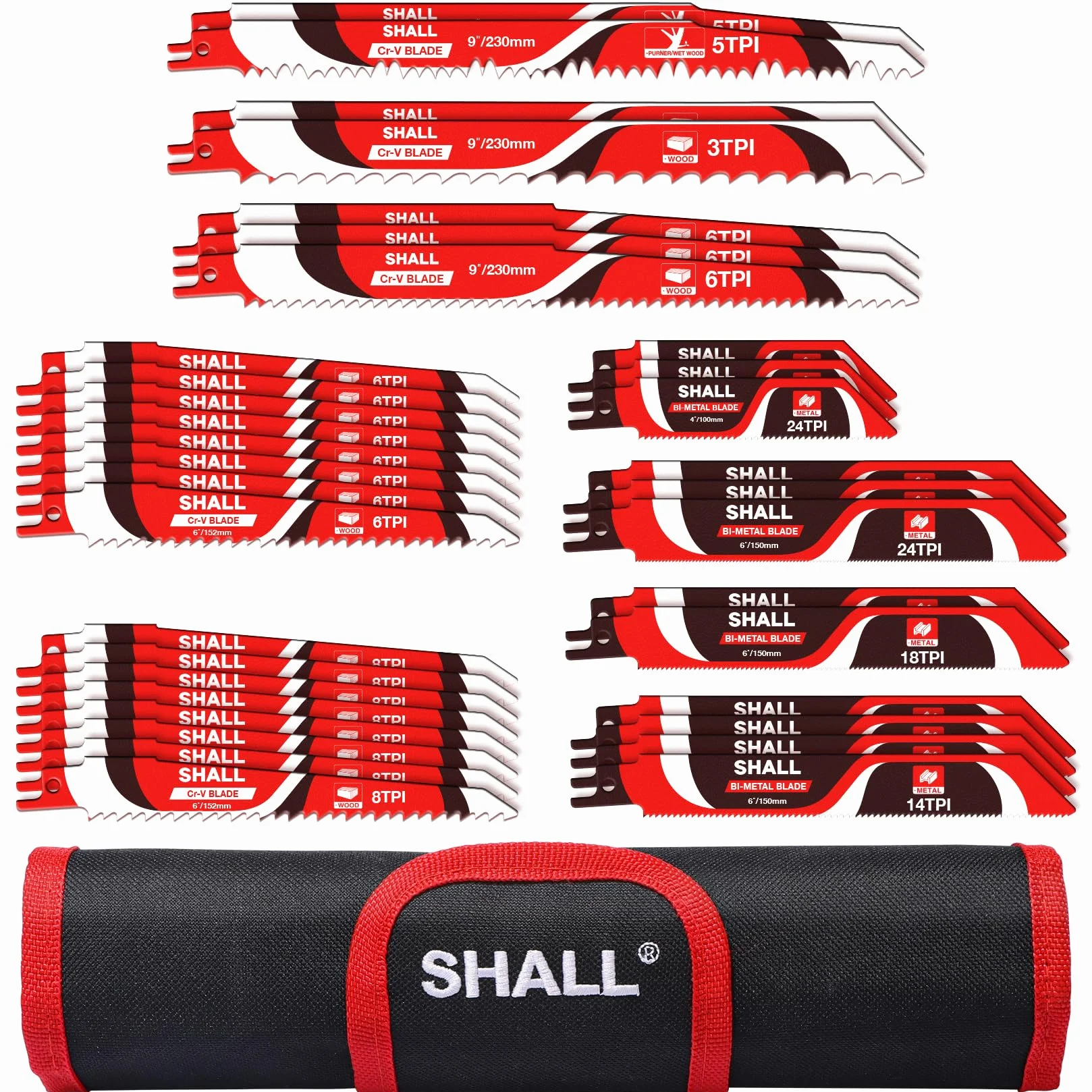 SHALL Lames de scie alternative (34 pièces) Kit de lames de scie de rechange en acier au carbure pour l'élagage des arbres, pour le bois, le métal et le plastique, avec sac de rangement