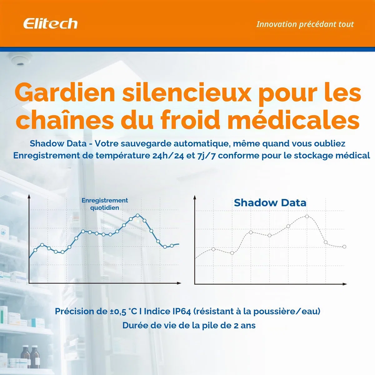 Elitech RC-4 Pro Enregistreur de Température USB, Data Logger pour Réfrigérateur Médical, Stockage Vaccins, Surveillance Chaîne du Froid 64 000 Données, Exportation Auto PDF/CSV
