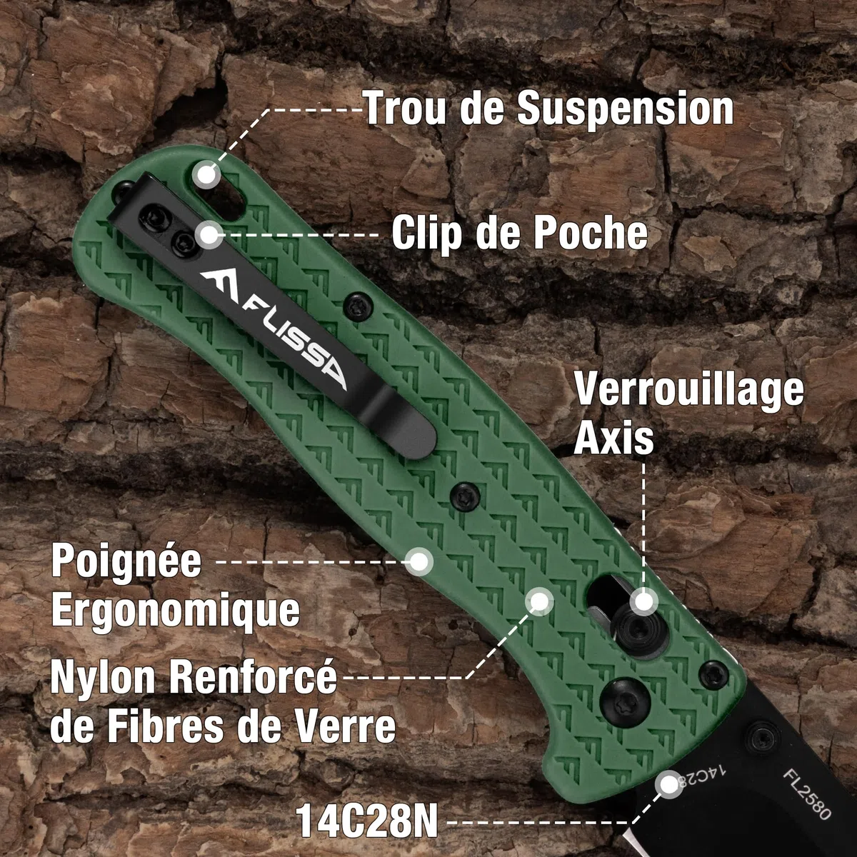 FLISSA Couteau Pliant de Poche 14C28N, Lame Haute Performance Meulée CNC avec Revêtement Titane Noir, Couteau de Poche EDC avec Clip, Idéal pour Usage Quotidien et Activités de Plein Air, Vert