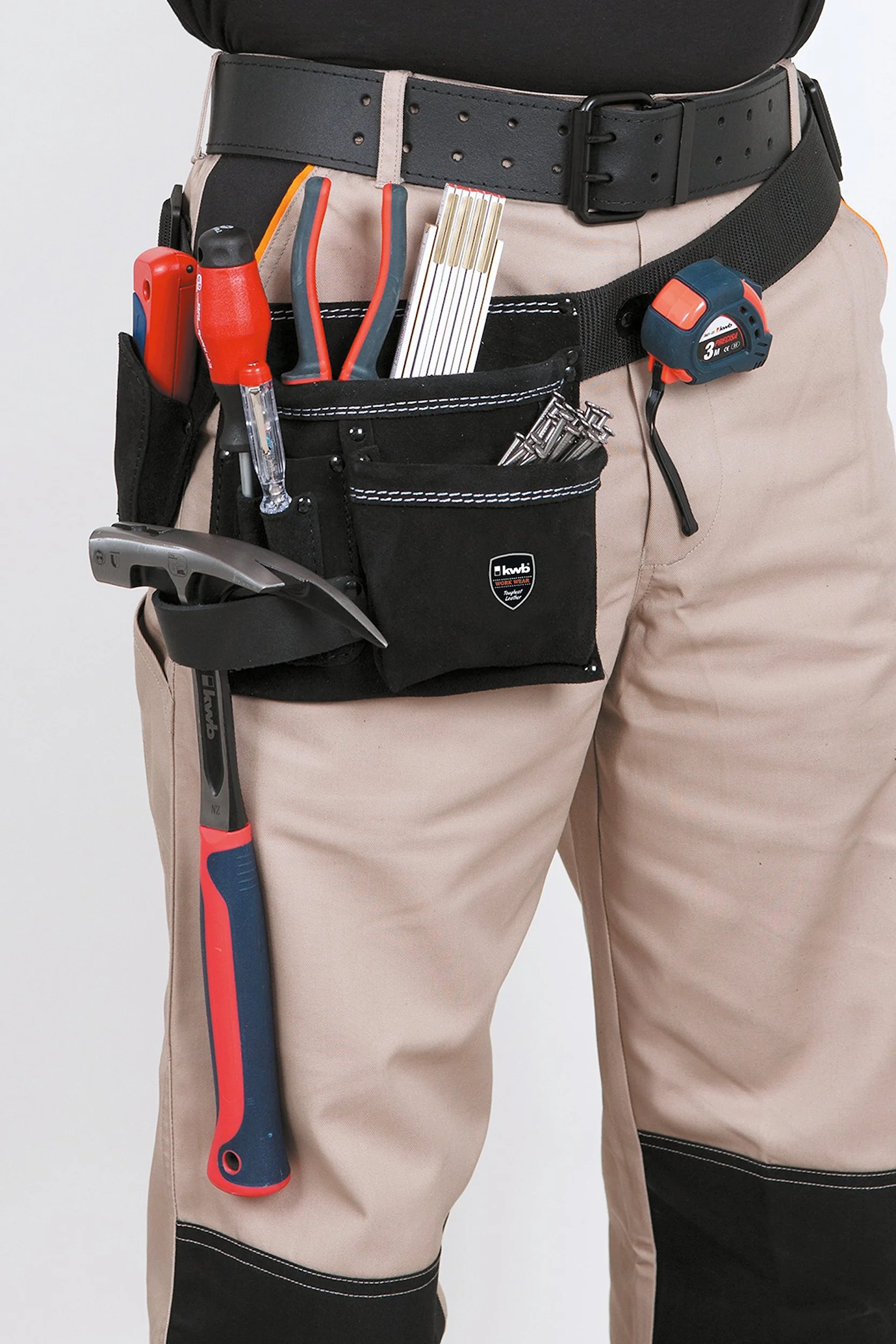 kwb sacoche à outils en cuir avec ceinture - 5 compartiments, poche à clous, poche à couteau, porte marteau et support pour mètre ruban