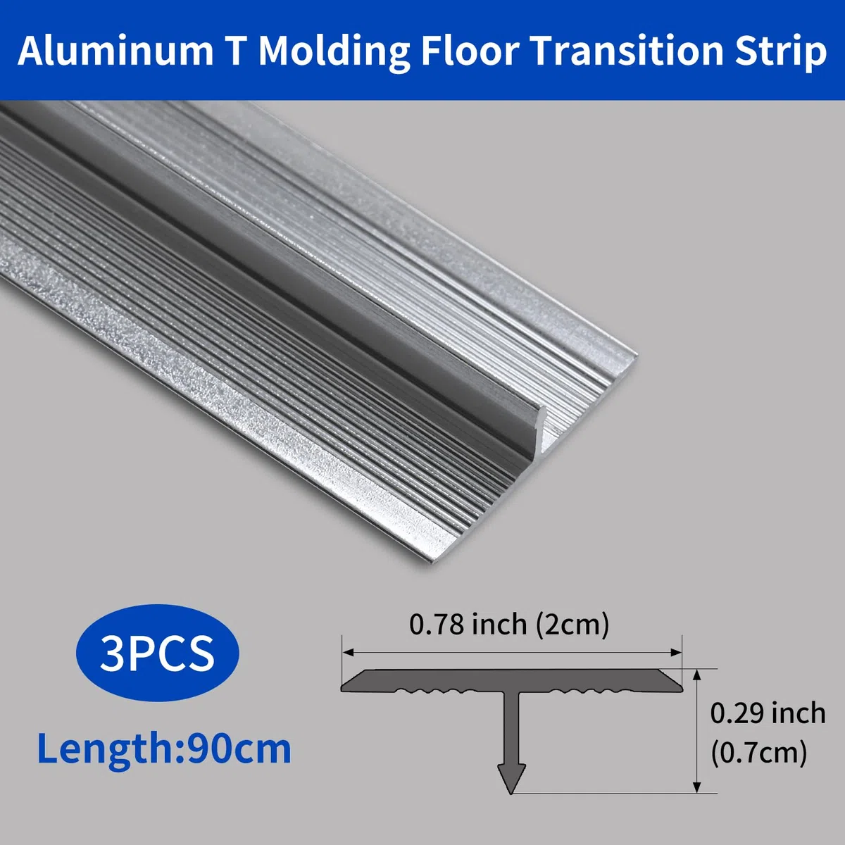 3pcs 2cm Bande de Transition en T Aluminium Barre de Seuil Métal Seuil de Porte Profil de Transition Bande de Transition Sol pour Les Espaces Entre les Carreaux,les Sols,0.9M Argent