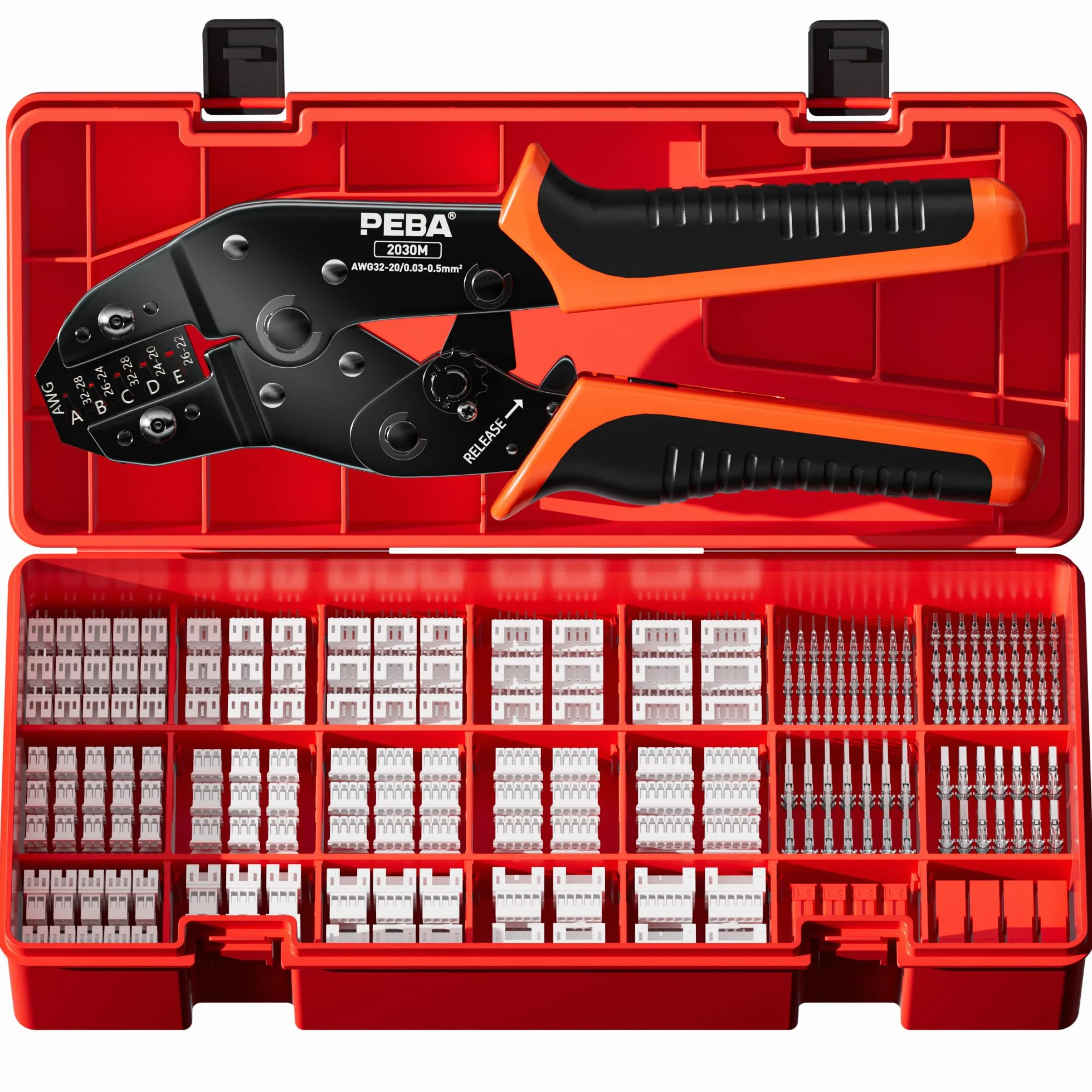 PEBA Outil à sertir JST PH 2.0, avec 21 types de connecteurs JST-PH 2/3/4/5/6/7 broches + connecteur JST-SYP, pince à sertir 0,03-0,5 mm² pour connecteurs PH, Dupont, JST, Molex, IC