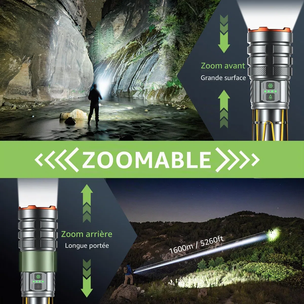 Lampe Torche LED Ultra Puissante, 900000 Lumens Lampe Torche Rechargeable avec Lumière Camping, Zoomable, 11 Modes, Étanche Portable Tactique Militaire Lampe de Poche pour Camping Randonnée Urgence