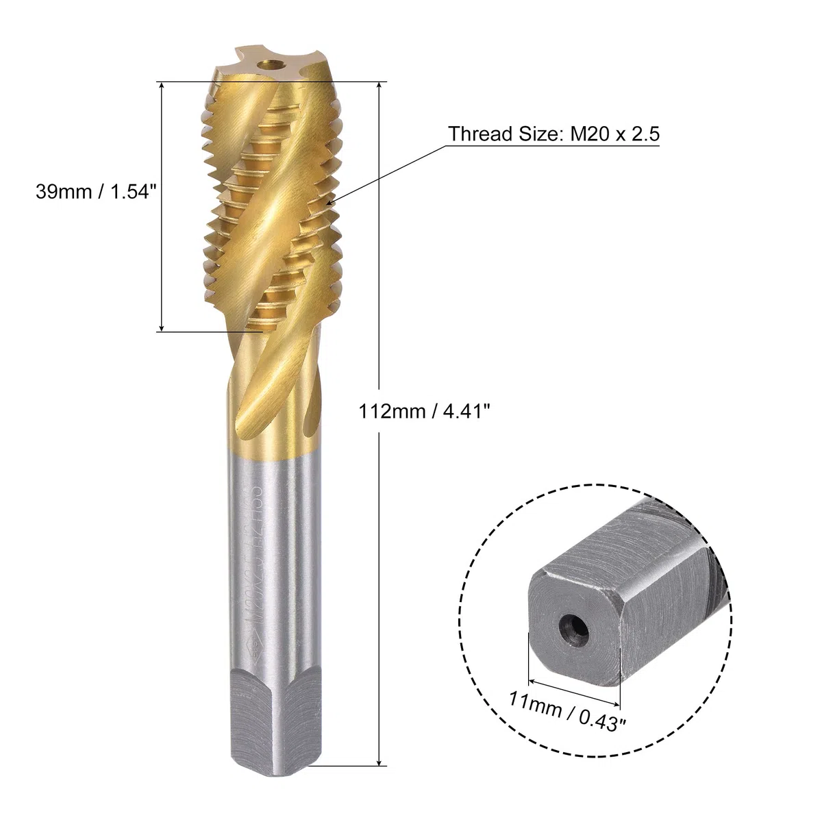 sourcing map Taraud Fil Spirale Cannelure M20 x 2.5 Métrique HSS Haute Vitesse Acier Titane Plaqué Machine Fil Vis Taraud 4 Cannelures Tapotement Outil H2 Tolérance