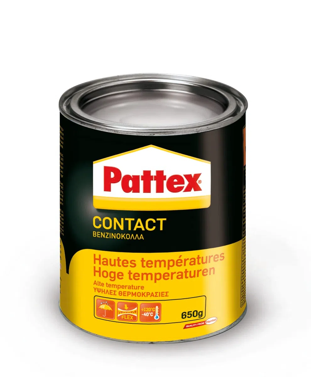 Pattex Colle Contact Type Néoprène Haute Température (Boîte 650G Jaune), Colle pour Éléments Cuisine, Proximité Source de Chaleur