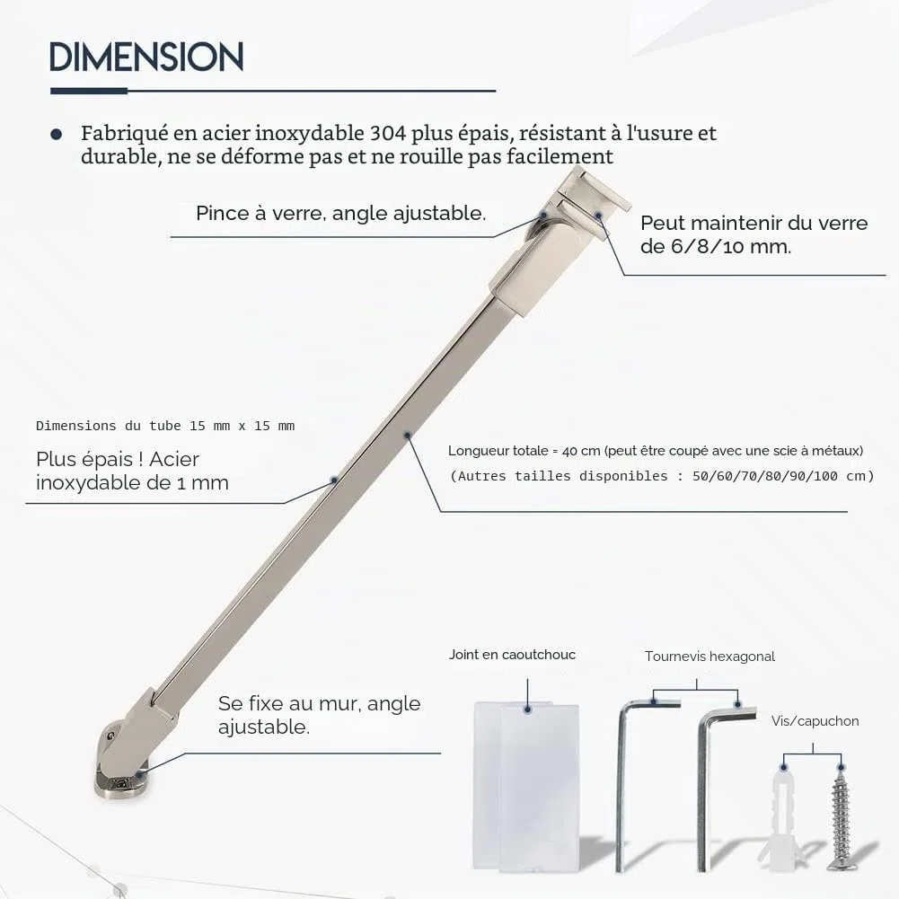 40 cm en acier inoxydable sans cadre Porte de douche Panneau fixe Wall-to-glass Barre de support pour 6mm 8mm 10mm en verre épais M-home