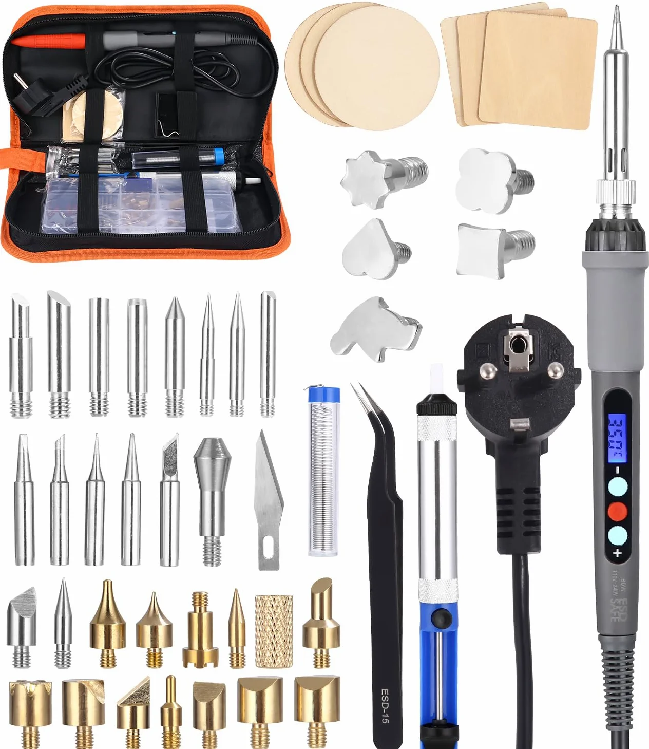 Kit de pyrogravure fer à souder,60W Fer à Souder Electrique Kit avec Écran LCD Temperature Réglable avec interrupteur ON/OFF,pour Pyrogravure,Soudage,Bricolage,Artisanat Sur Bois,Cuir etc.