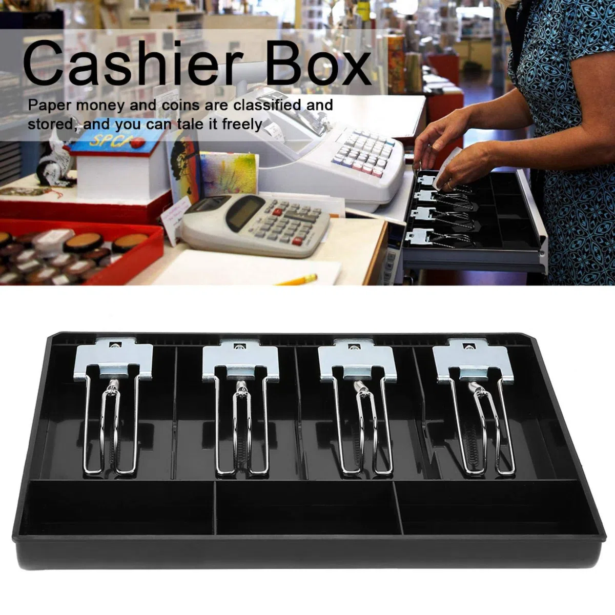 Tiroir Caisse, Plateau de Caisse Enregistreuse, 32,2 * 24,5 * 3,5 cm 7 Grilles Organisateur de Monnaie Avec 4 Billets Et 3 Plateaux à Pièces, Pour Point De Vente, centre commercial (Noir)