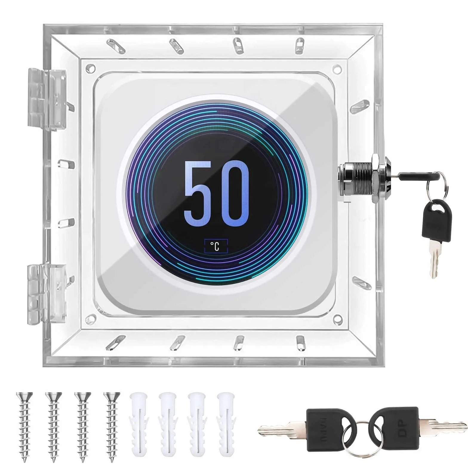 Boîtier de verrouillage pour thermostat avec 2 clés, en acrylique transparent, couvercle de protection inviolable avec vis et boulons, empêche l'accès non autorisé pour la maison, le bureau, l'école