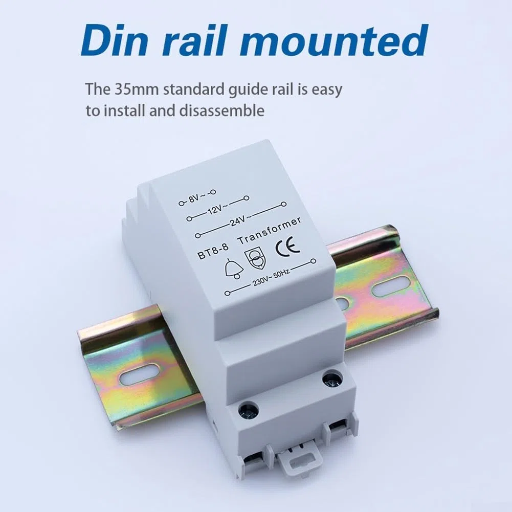 Transformateur de sonnette multi-tension 8 V 12 V 24 V, transformateur de sonnette de porte compatible avec sonnerie/carillon/porte intelligente, rail de guidage standard de 35 mm, fonctionnement