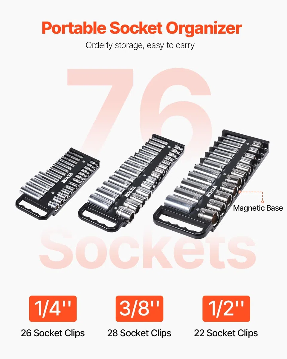 VEVOR Kit Organisateurs de Douilles Portables, Lot de 3, Plateaux de Douilles Métriques SAE 1/4'', 3/8'', 1/2'', Capacité de 76 Douilles, avec Poignée et Base Magnétique, pour Tiroir de Boîte à Outils