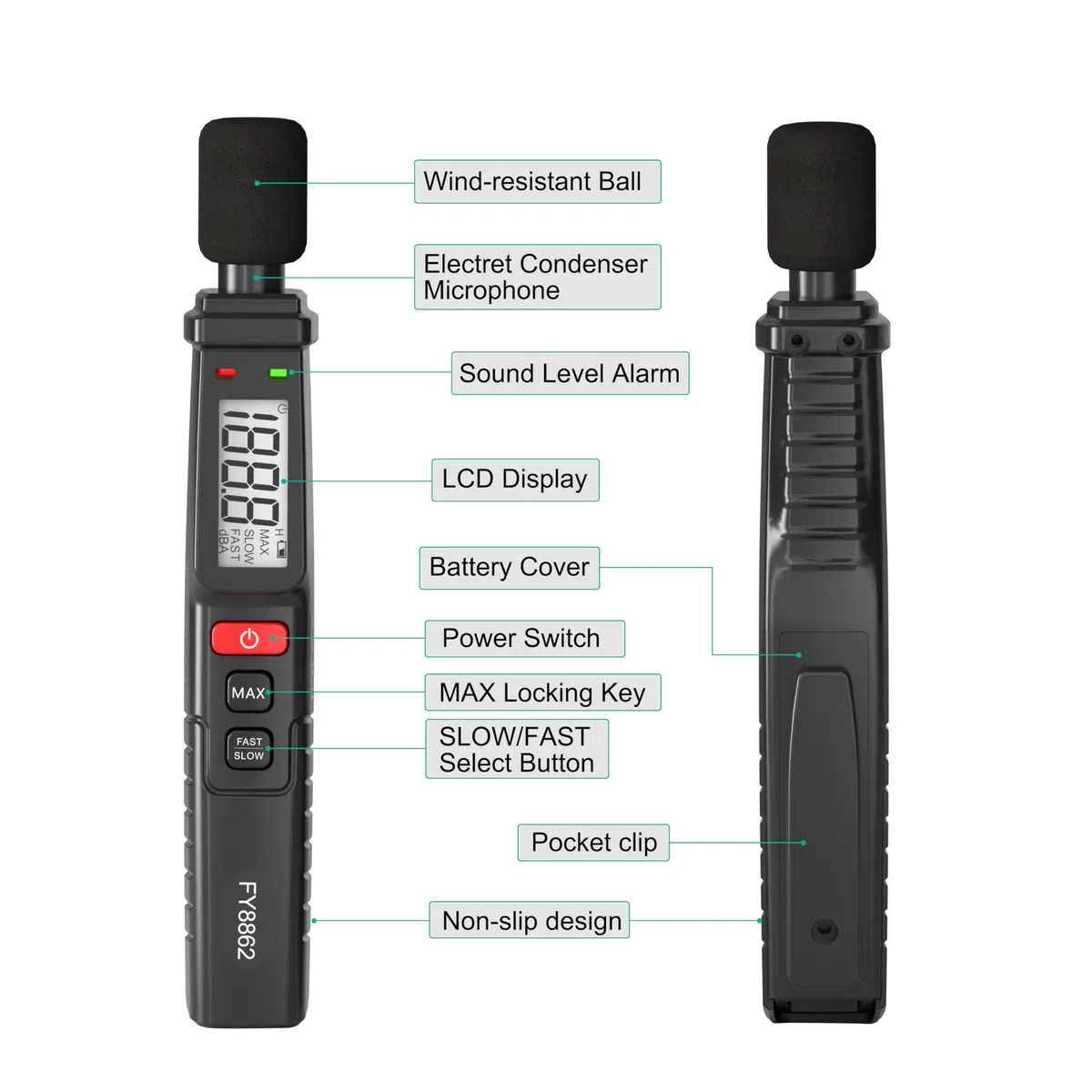 Décibelmètre, Sonomètre Portable, Décibelmètre Numérique 30-130dB avec Pondération A, Mode Rapide/Lent, MAX Data Hold, Décibelmètre Ultra-léger à Pince pour la Maison, l'usine, la Salle de Classe