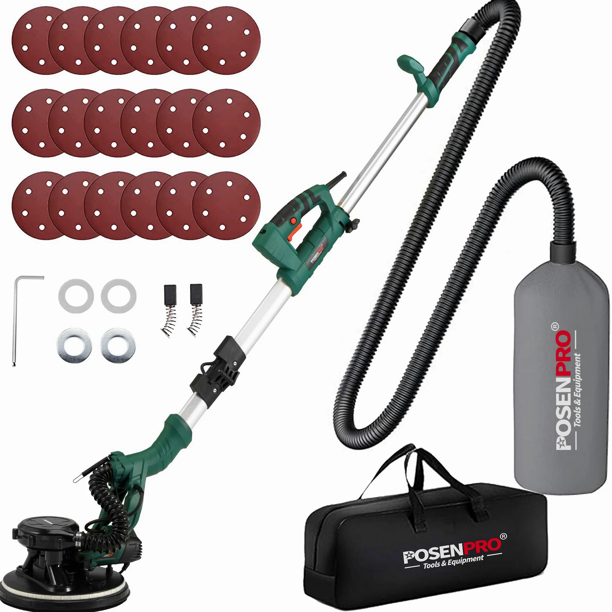 POSENPRO Ponceuse Girafe 810W, Ø 215 mm Ponceuse Mur et Plafond avec Système d'Aspiration Automatique, 5 Vitesses Variables Lumières LED Manche Télescopique 18 Disques Abrasifs