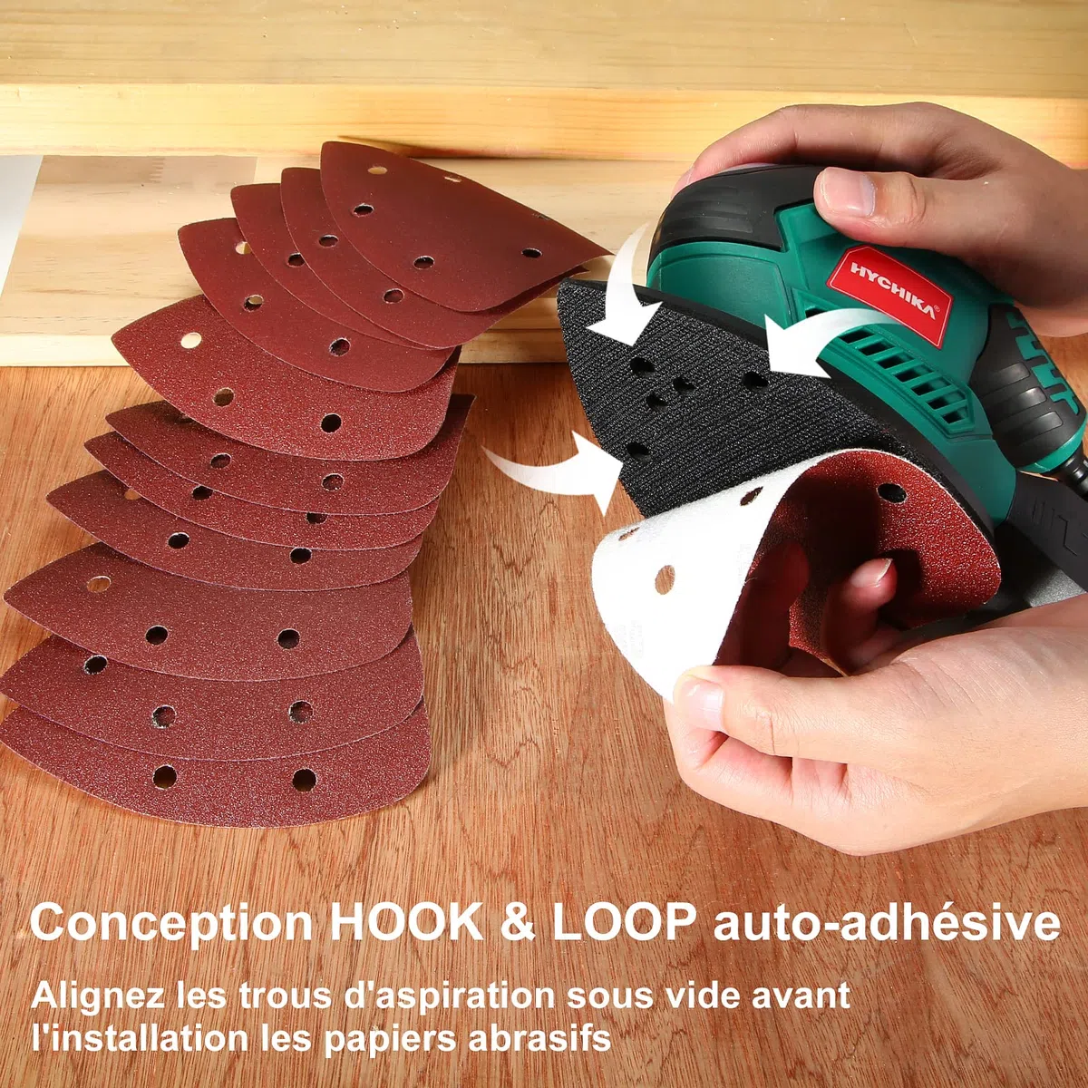 HYCHIKA Ponceuse Bois, 200W 14000RPM Ponceuse Electrique avec 12pcs Papier de Verre& Collecte de Poussière, Idéale pour Angles et Bords, Métal et Bois