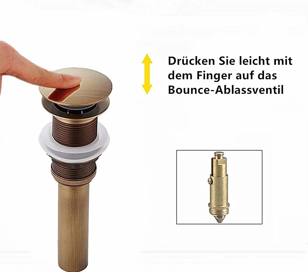 Pop-up Rétro Bouchon Bonde de Lavabo Vidange Clic-clac sans Trop-Plein en Laiton Bronzé Universel Valve Draineur d’Evier Vasque Siphon sans Trou de Débordement Poli- sans Trop-Plein