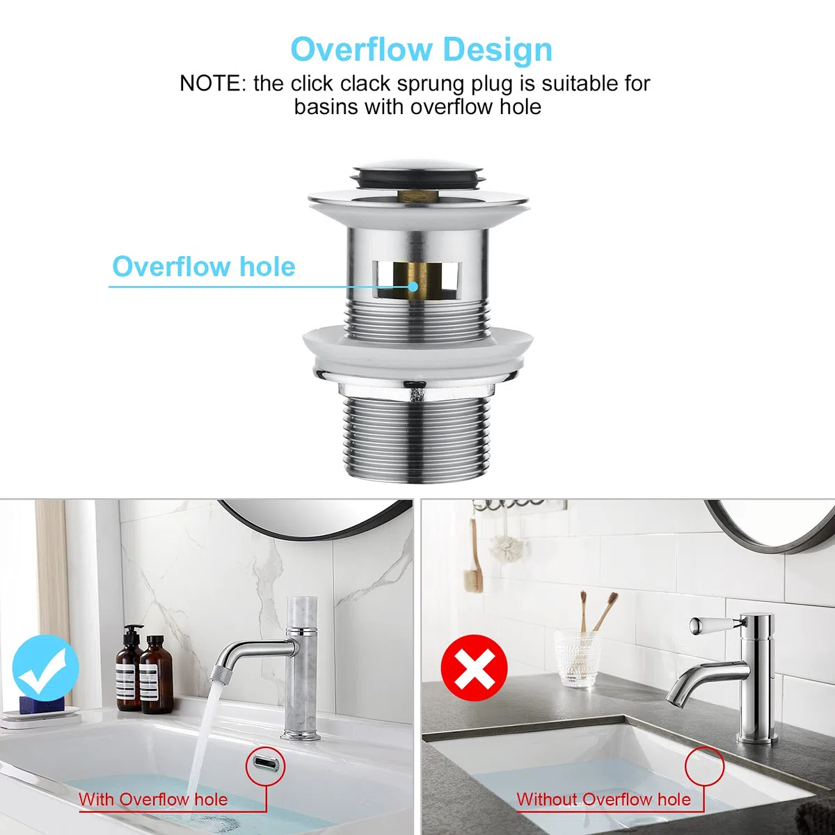CREA Bonde de Lavabo avec Trop-Plein, Vidage Lavabo Pop-up, Bonde de Vidage Universelle, Acier Inoxydable