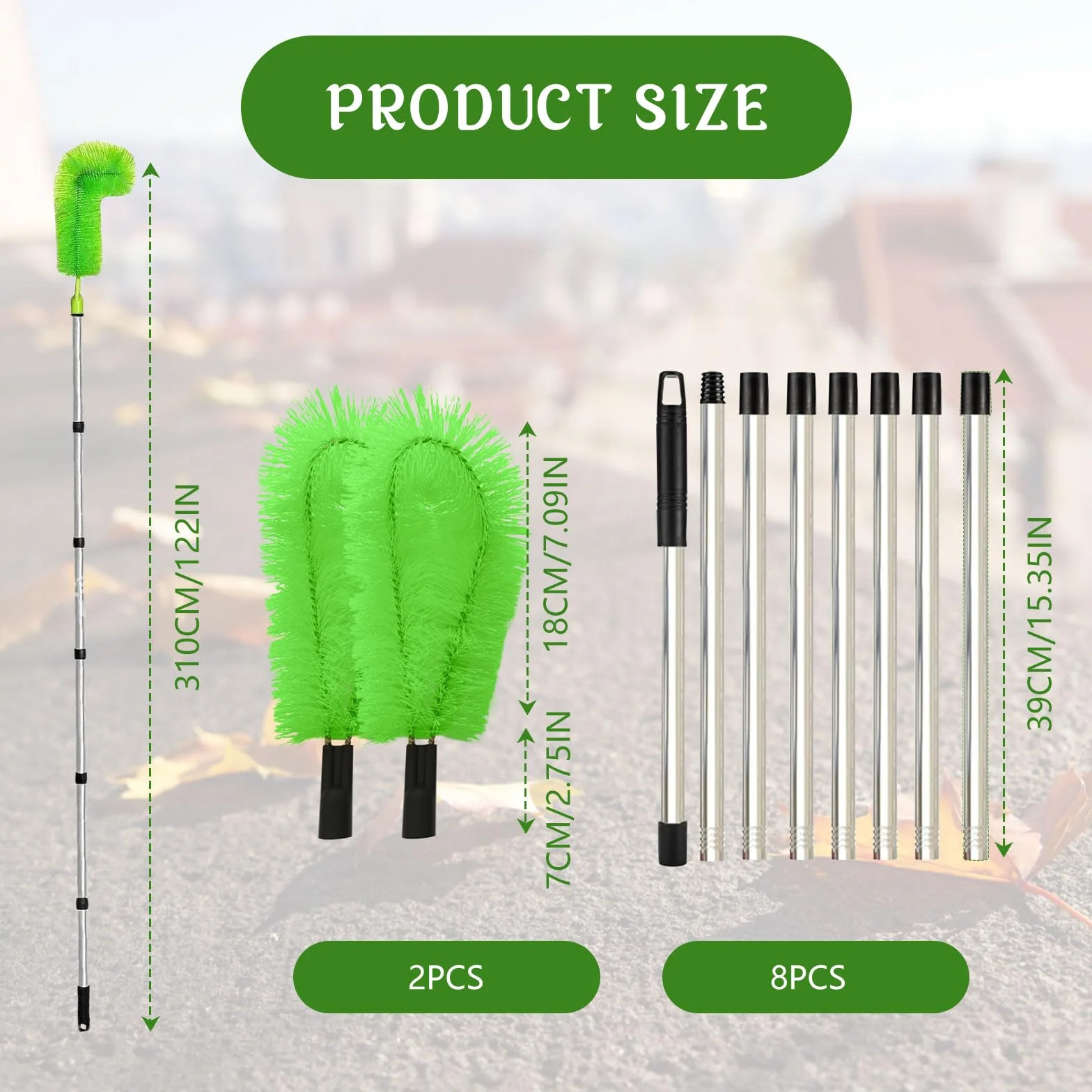 Outil de nettoyage de gouttière, perche telescopique nettoyage,brosse extensible longue portée, outil de nettoyage de gouttière pour gouttière de toit | Longueur totale – 310 cm (Vert)