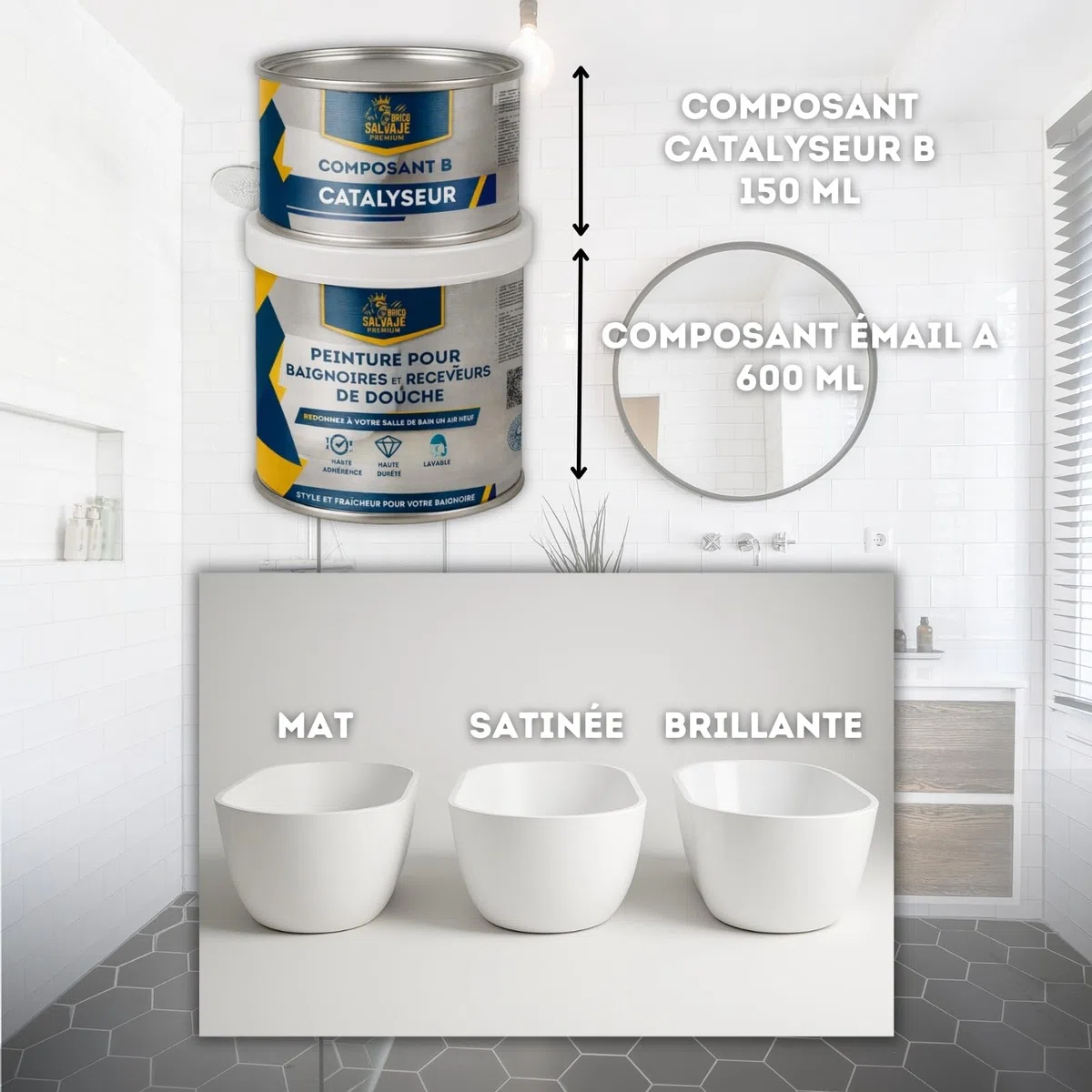 Peinture pour baignoires et receveurs de douche en polyuréthane | 750 ml (600+150 ml) | Finition céramique satinée | Deux composants | Imperméable et résistante (Pierre sereine)