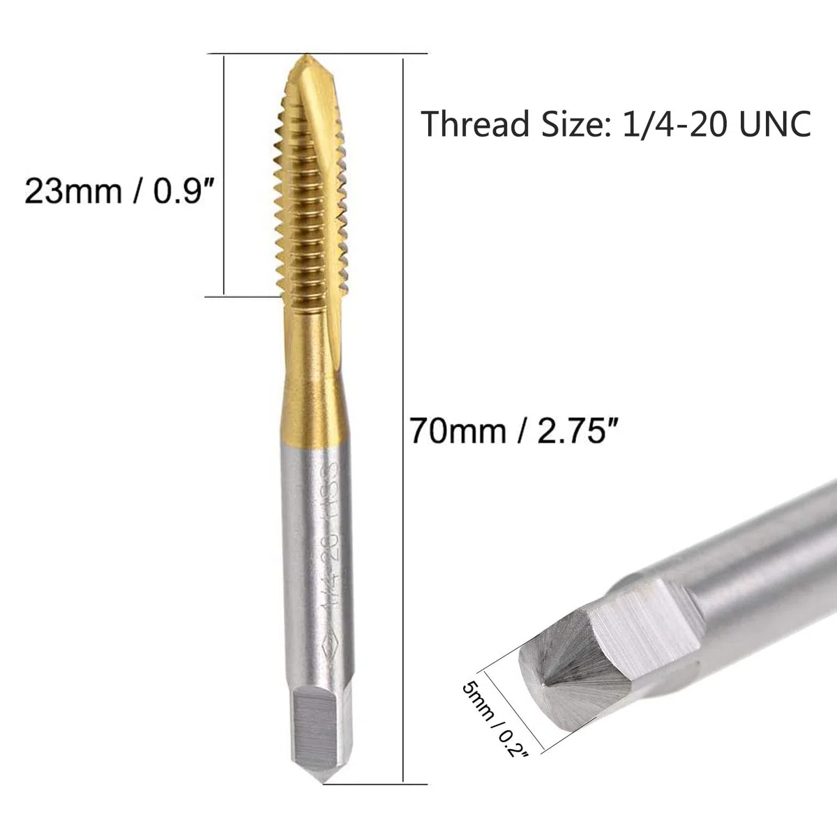 TA-VIGOR Lot de 2 tarauds filetés à pointe hélicoïdale UNC 1/4-20, filetage HSS revêtu de titane avec tolérance H2, filetage à 3 cannelures (tige ronde avec extrémité carrée)