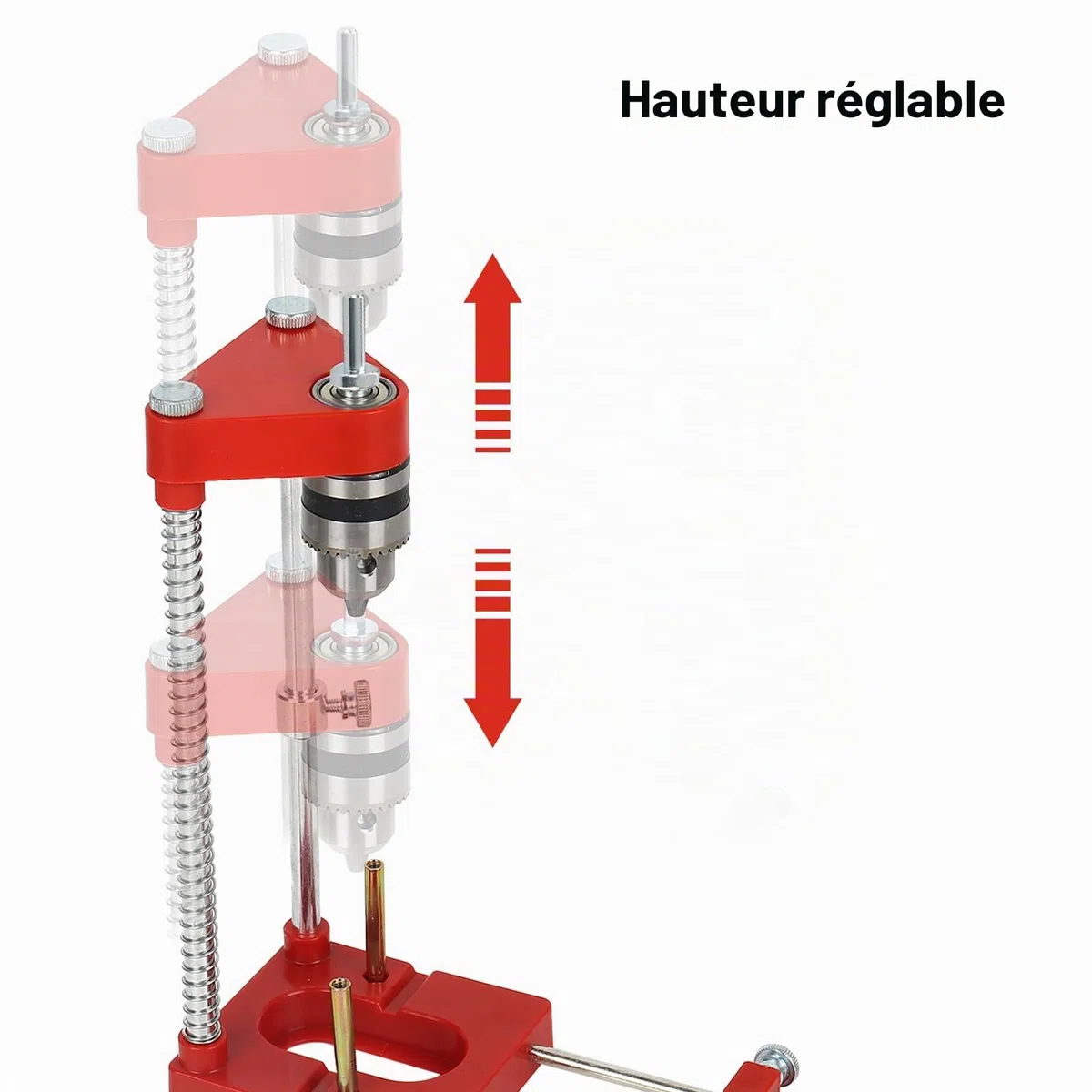 Support de perçage pour perceuse, gabarit de perçage réglable portable, outil de précision pour travail du bois, ensemble d’outils de guidage manuels verticaux (Rouge)