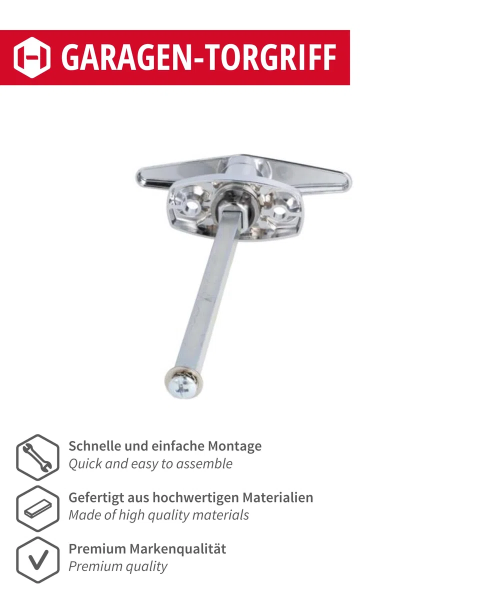JUVA Poignée de porte de garage verrouillable – poignée en T chromée avec carré 8 mm, métal poli – pour portes basculantes – manœuvre sûre & haute résistance aux intempéries