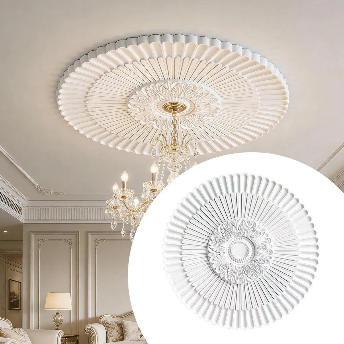 LOVIVER Rosace de plafond en polyuréthane, pour luminaires, style moderne et, plaque décorative ronde pour salon, hôtel ou bibliothèque, Diamètre 40cm