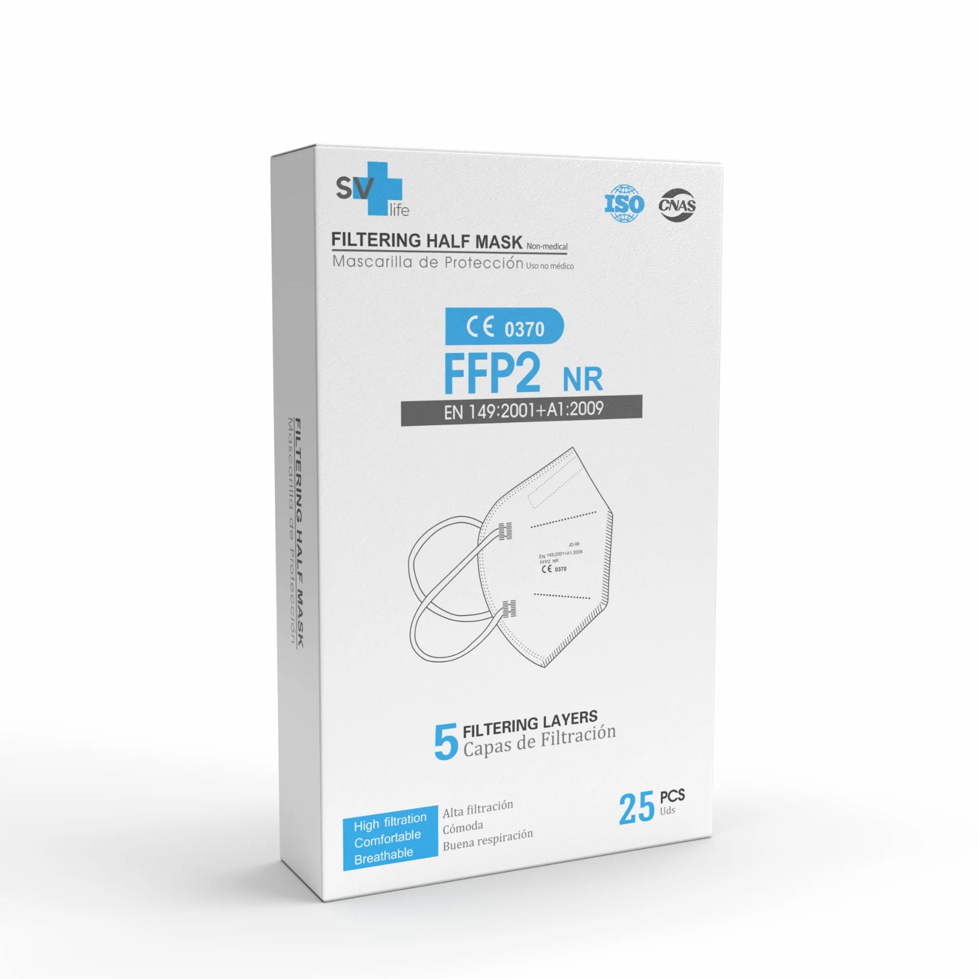 25 Masques FFP2 Certifiés CE | 5 Couches, Haute Filtration, Protection Certifiée | Taille Adulte, Emballage Individuel, Jetables, sans Valve (Bleu marine)