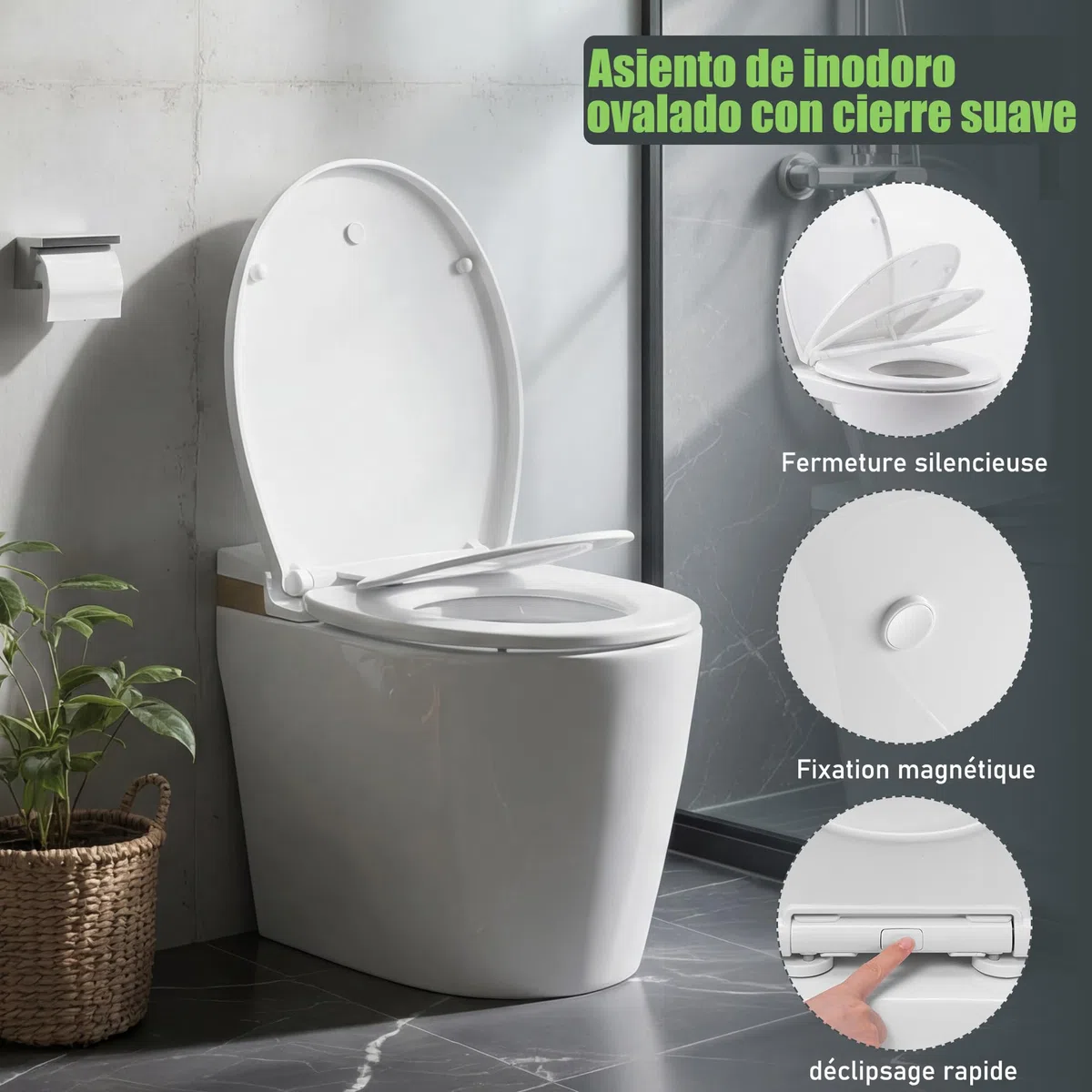 Himimi Abattant WC, Familial Cuvette Toilette avec Siège Enfant Magnétique, Frein de Chute et Charnière Réglable, Lunette WC pour Adultes et Enfants, Forme O, Blanc (447mm x 372mm x 55mm)