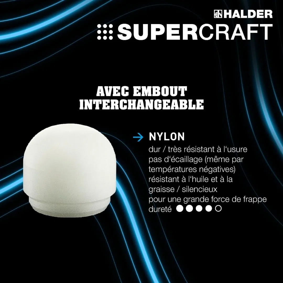 Maillet SUPERCRAFT, Avec manche en hickory verni, amortissant les vibrations et ergonomique et embout arrondi | D=30 mm | 3366.230