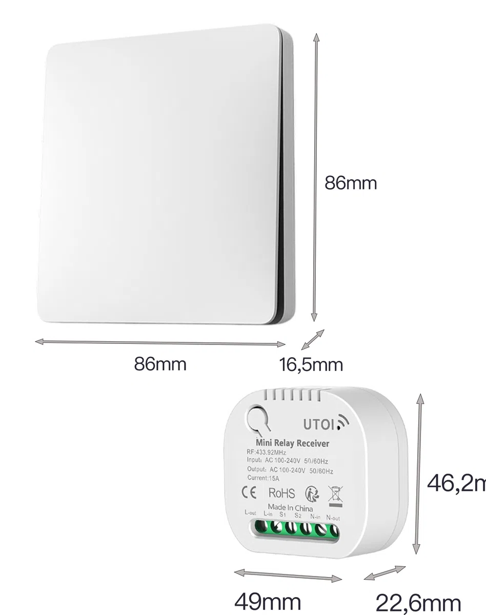 Interrupteur Sans Fil Sans Pile, Kit Va et Vient avec 2 Interrupteurs et 1 Récepteur 15A, Commande à Distance pour Éclairage, Compatible Interrupteurs Traditionnels, Sans Scintillement LED, Blanc