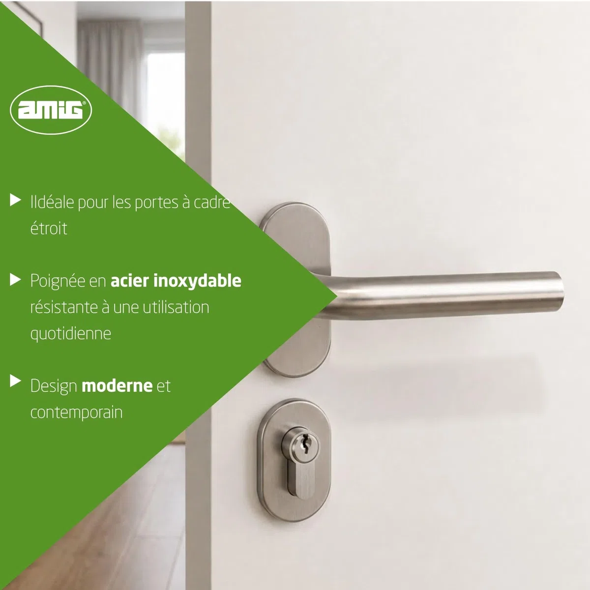 Amig - Juego de manillas para puerta Mod. 4O con placa oval - Para marco estrecho - Manilla en acero inoxidable 18/8 y roseta en acero niquelado - 136 x Ø19 mm - Acabado mate - Mod. 9954