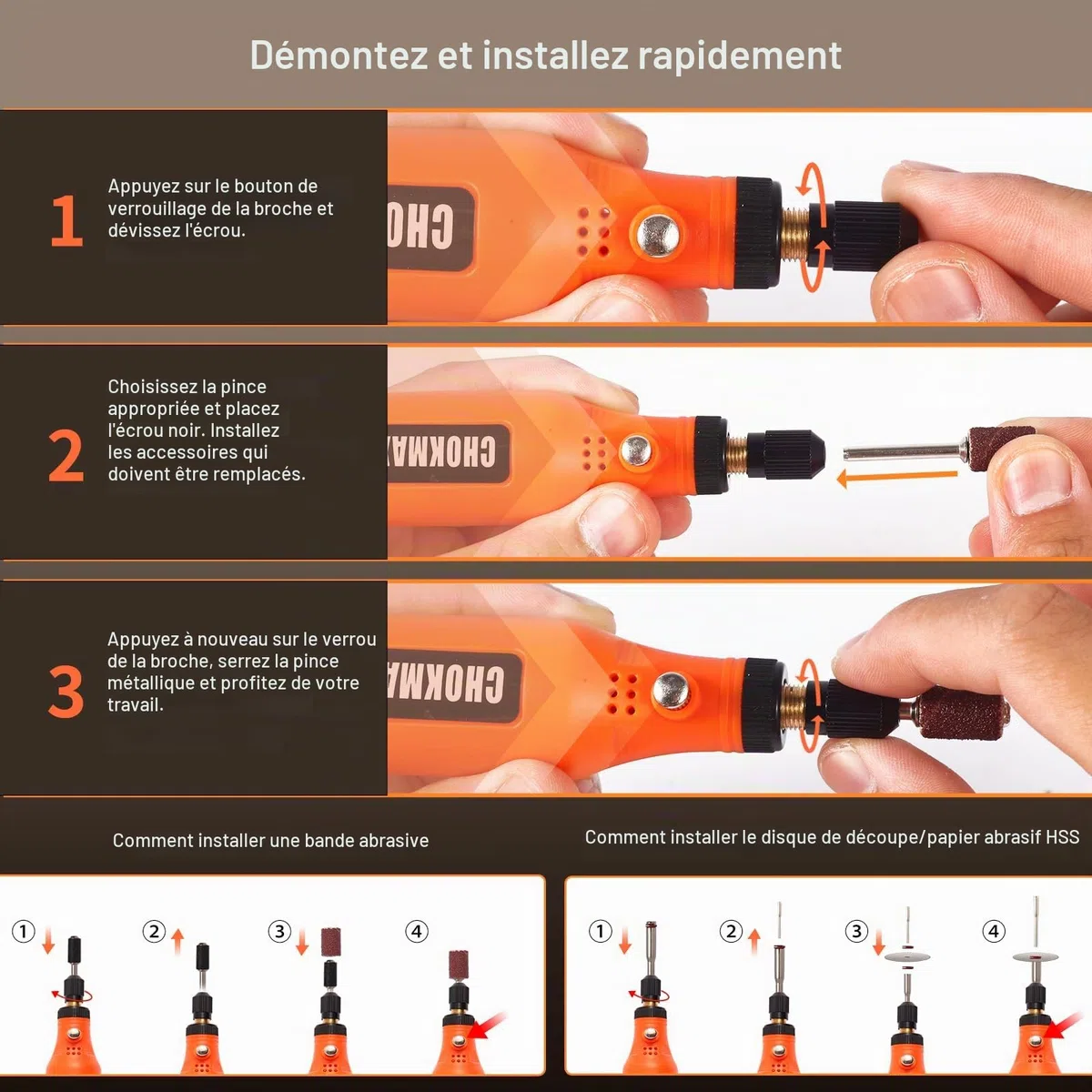 Outil rotatif sans fil, kit de meuleuse à 3 vitesses avec éclairage avant et 72 accessoires, outil de type C rechargeable pour le nettoyage, le ponçage, le polissage, le perçage et les petits travaux