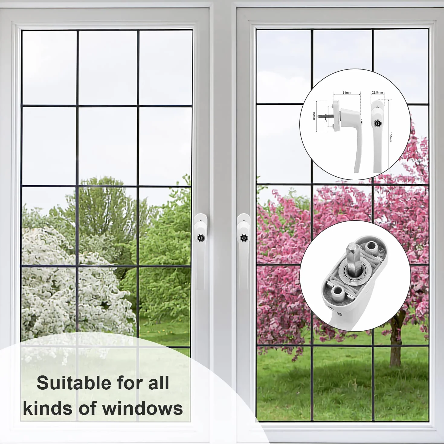 Jopassy Lot de 8 poignées de fenêtre en aluminium - Blanc - Verrouillables - Avec serrure et clé - Sécurité enfant - Longueur de tige : 35 cm - Fermeture identique - Poignée de porte de balcon Windows