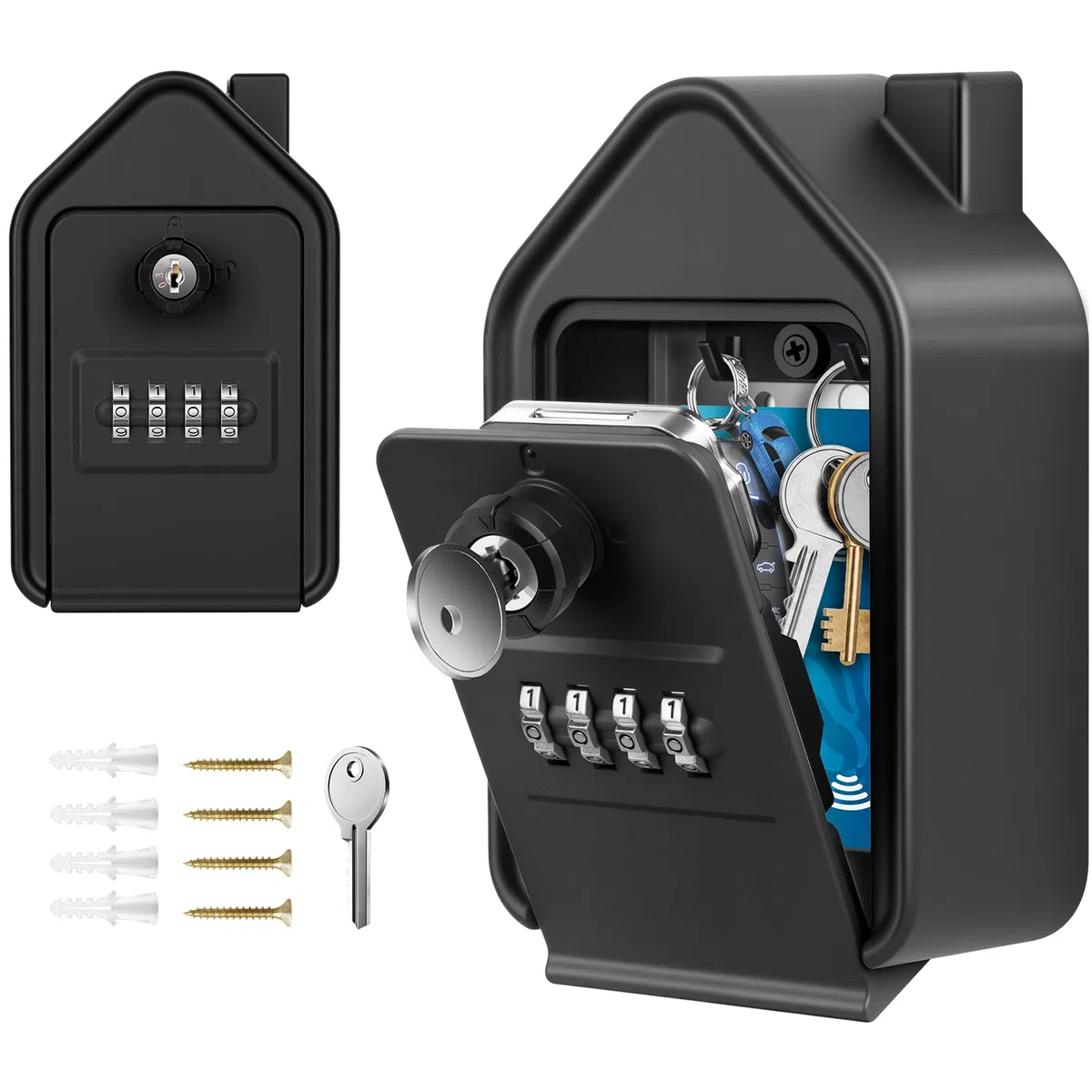 Boite a Clef, Grande Boite a Clefs Securisee Exterieur avec 4 Code & Clés d'urgence Boîte à Clés Murale en Alliage D'aluminium pour L'école de Garage à Domicile Airbnb (Noir)