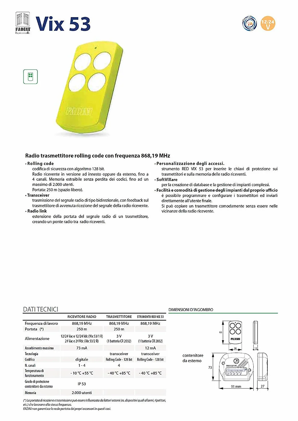 télécommande FADINI VIX53 4 Fonctions