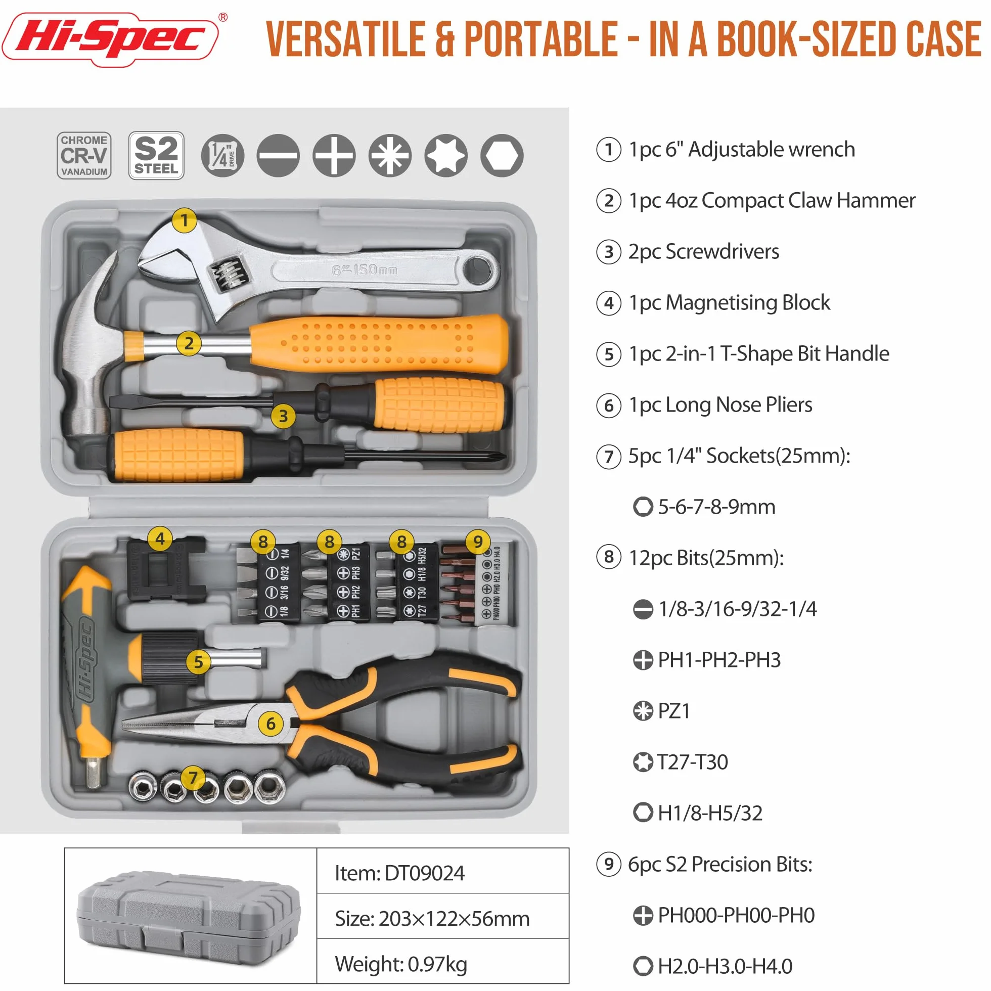 Kit d'outils manuel compact Hi-Spec 30 pièces pour bricolage à domicile et au bureau. Kit de démarrage d'outils pour réparations domestiques dans une boîte à outils portable