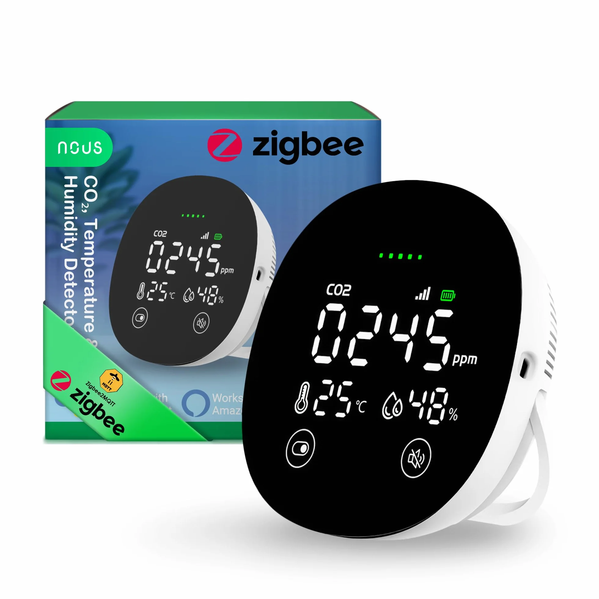 NOUS E10 Détecteur ZigBee CO2 avec Capteur de Température & Humidité, Moniteur Intelligent de Qualité de l’Air, Écran LED, Alertes Sonores&App, Suivi en Temps Réel, Zigbee 3.0, Compatible Alexa & Tuya