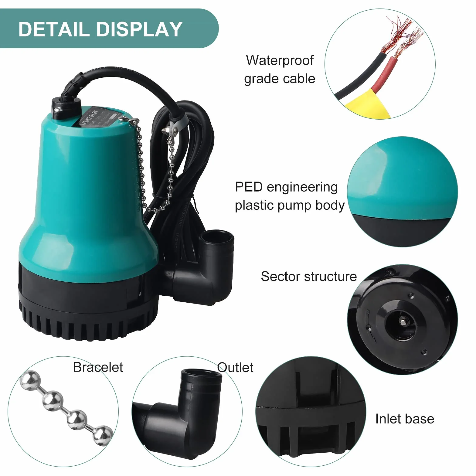 SWAWIS Pompe à Eau Pompe Vide Cave DC 12V 50W 4200L/H Pompe Immergée pour Puit Piscine, Cave, Étang avec Câble de 2,3M Pince