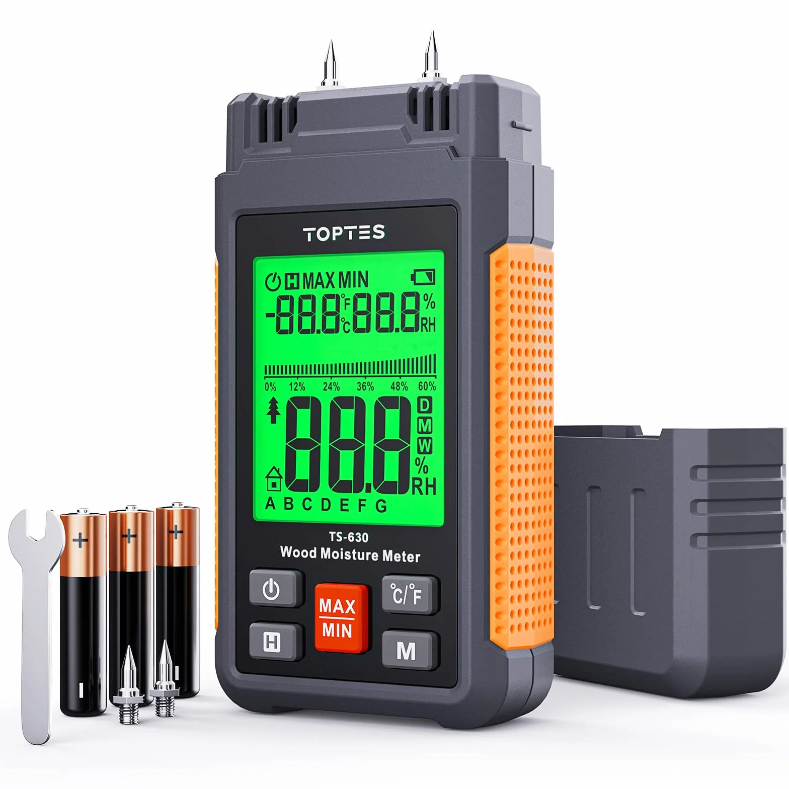 Testeur Humidité, TopTes TS630, Contrôle Rapide Teneur Bois Chauffage & Mur Construction, Grand Écran Rétroéclairé Tricolore, avec 7 Modes, Batterie Incluse