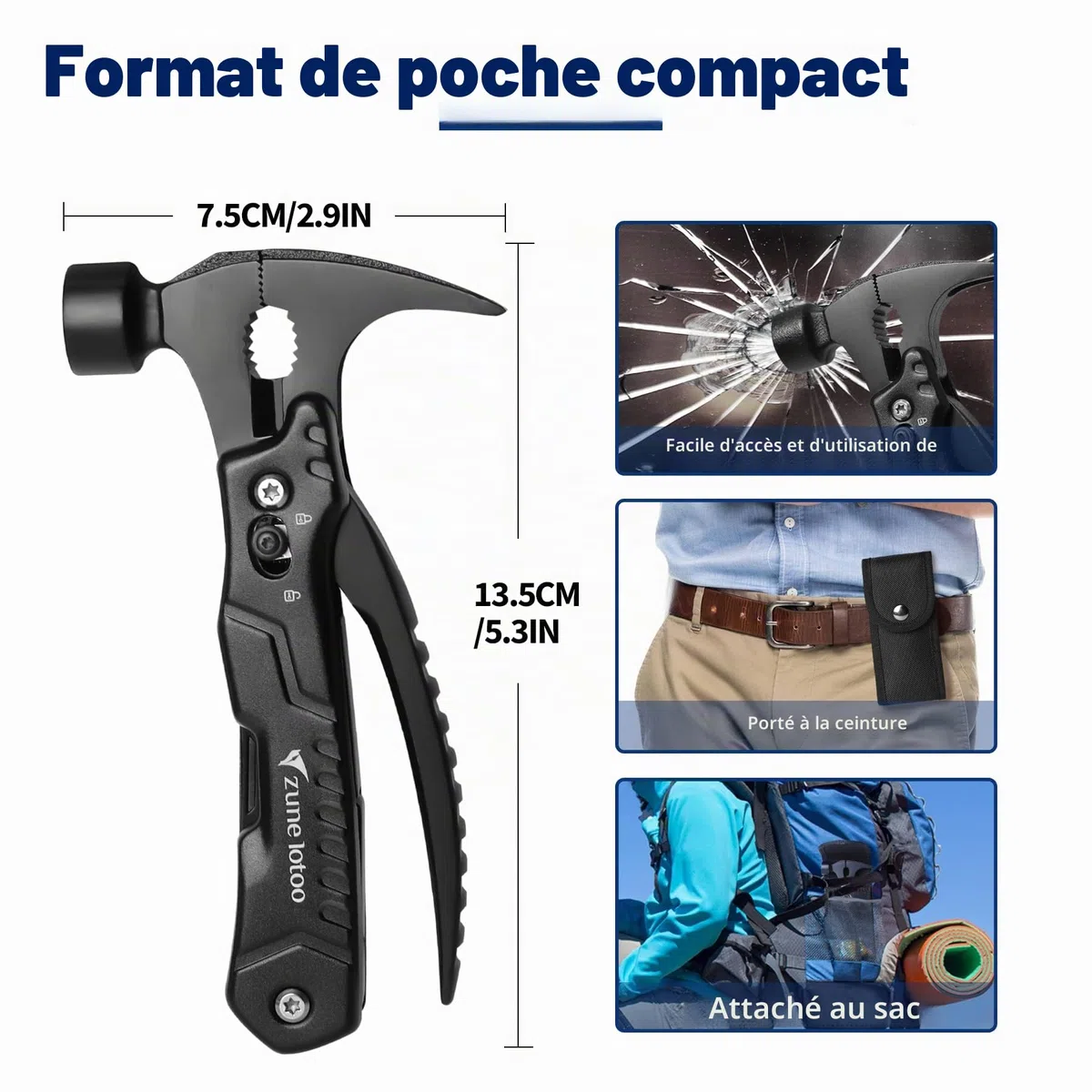 Zune Lotoo Marteau Multifonction, 14 en 1 Portable Compact Multi Usage Outils en Acier Inoxydable avec Marteau Pince Tournevis, Cadeaux pour Hommes Papa Noël Anniversaire (Noir)