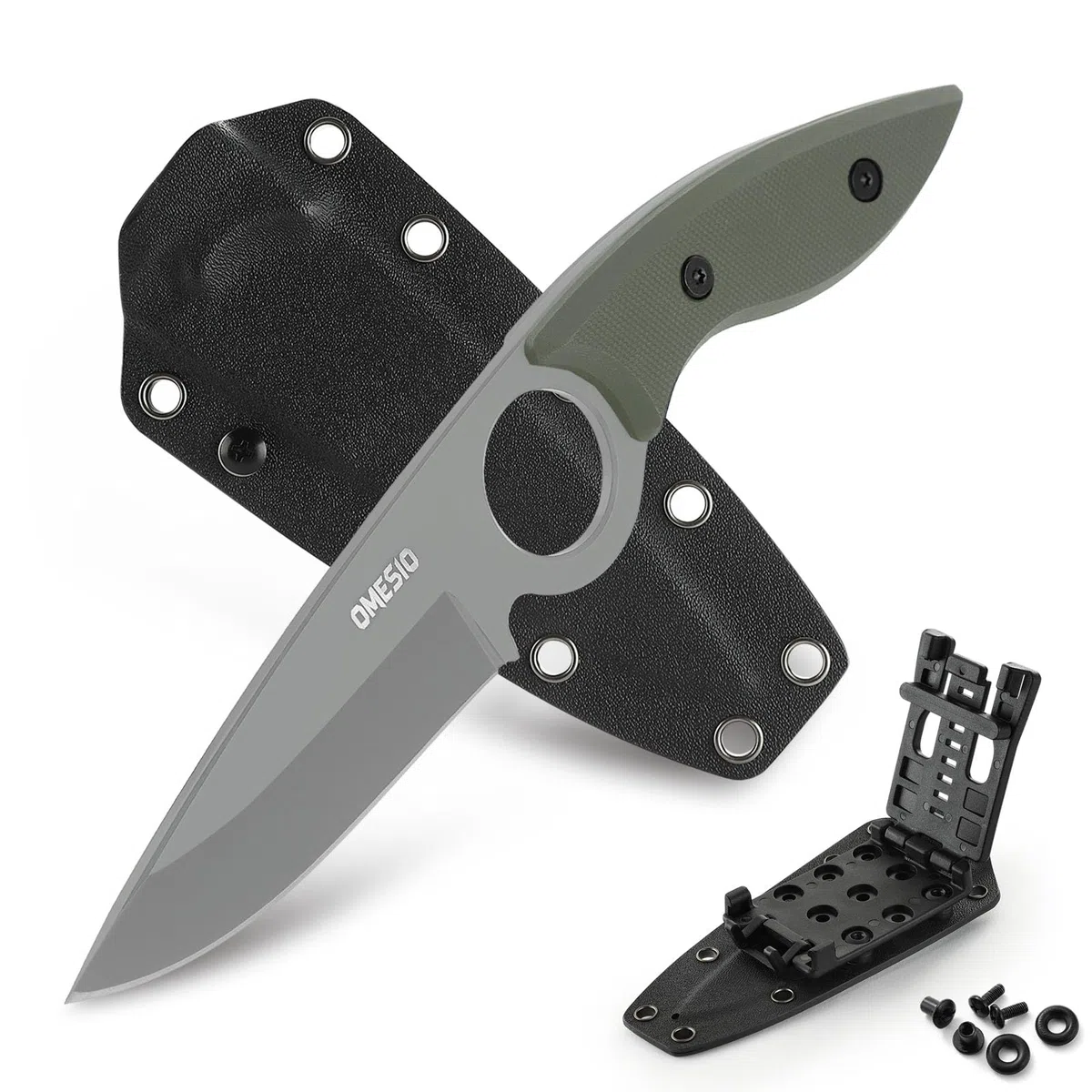 Omesio Couteau Outdoor 5CR13MOV acier Full tang couteau fixe lame drop-point 8,5 cm couteau de ceinture EDC avec Kydex fourreau(manche vert + lame blanche)